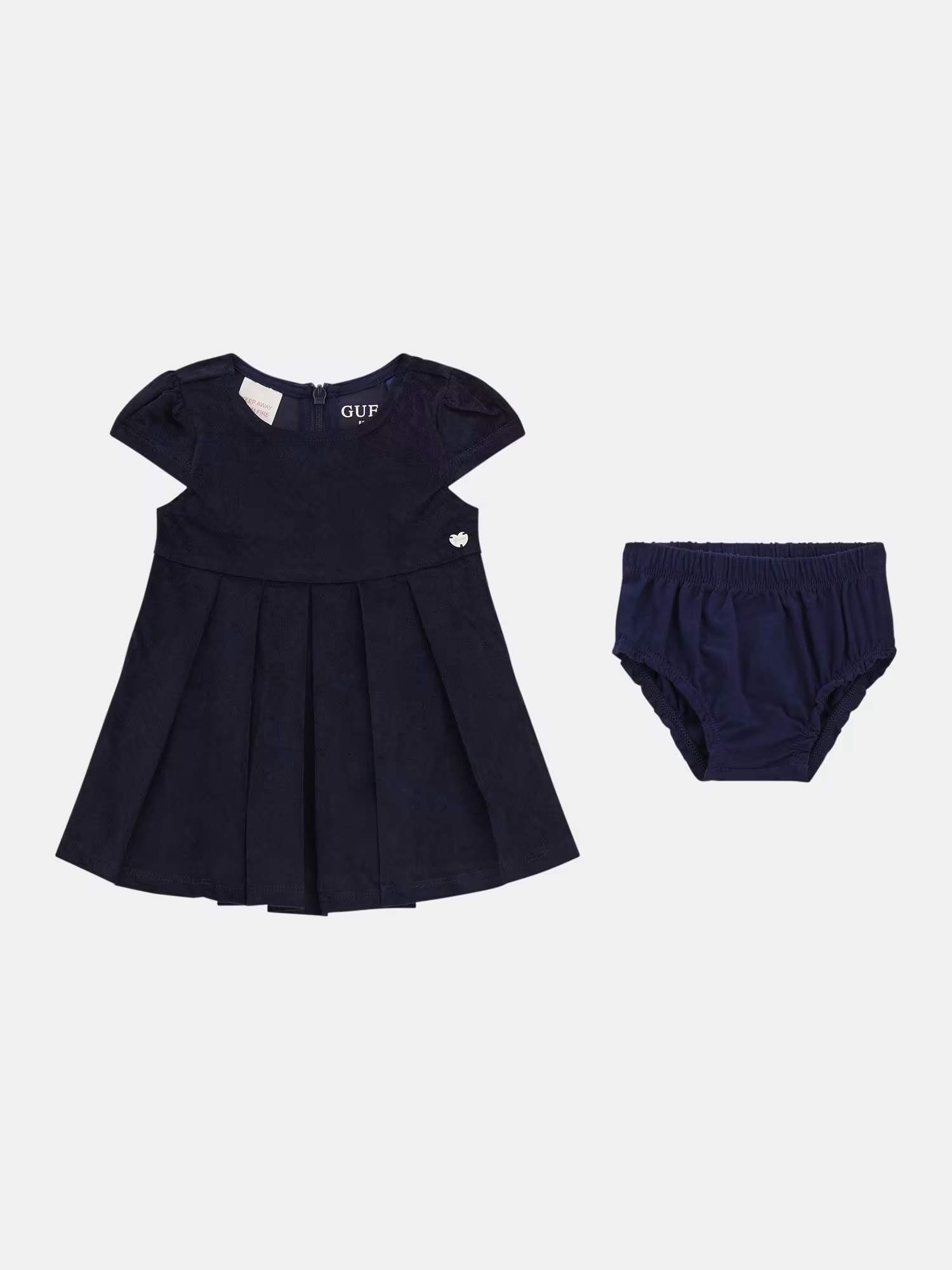 Navy Round Neck Short Sleeves Self Design A-Line Dress