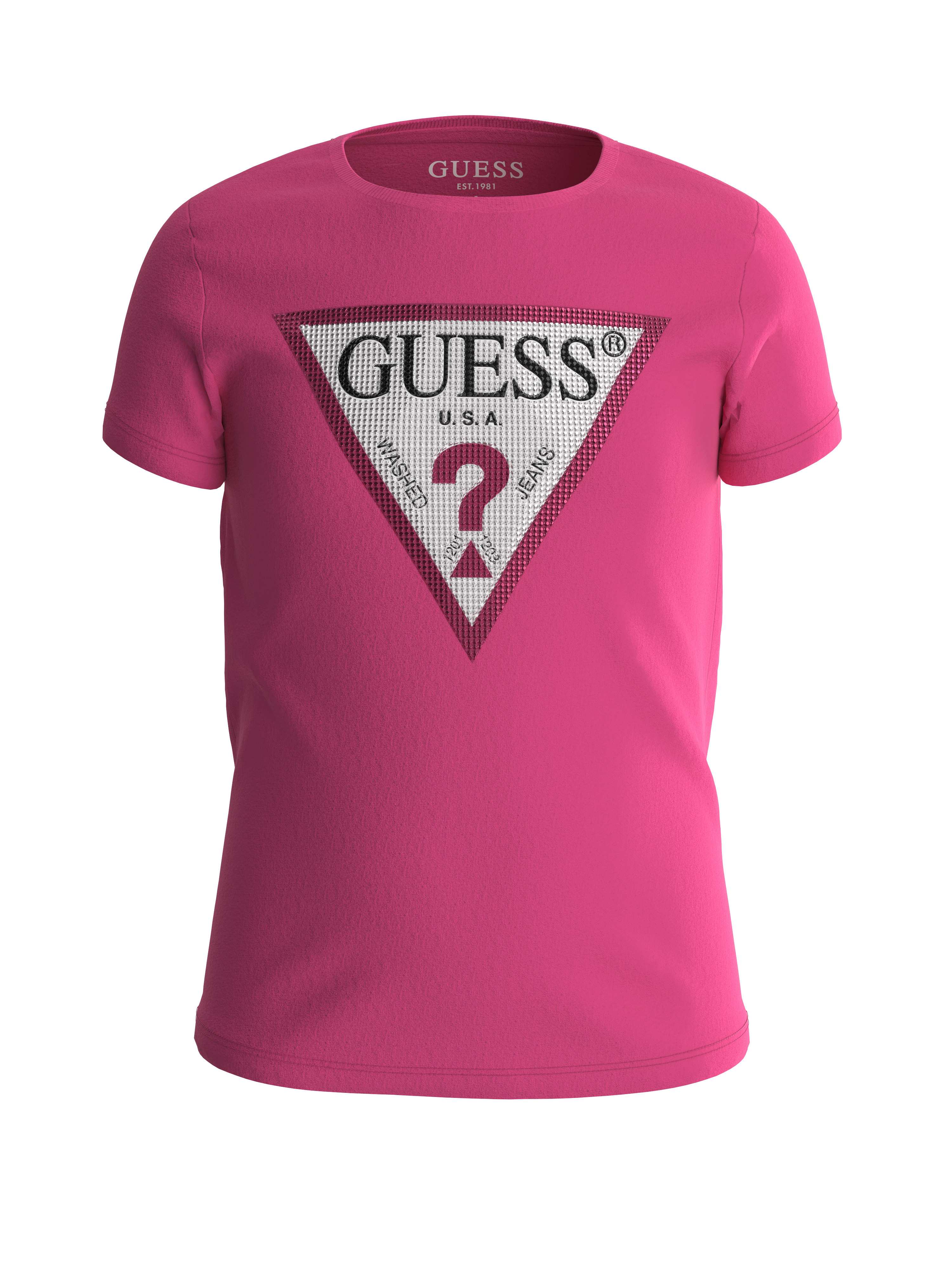 Fuchsia Round Neck Short Sleeves Embellished T-Shirt