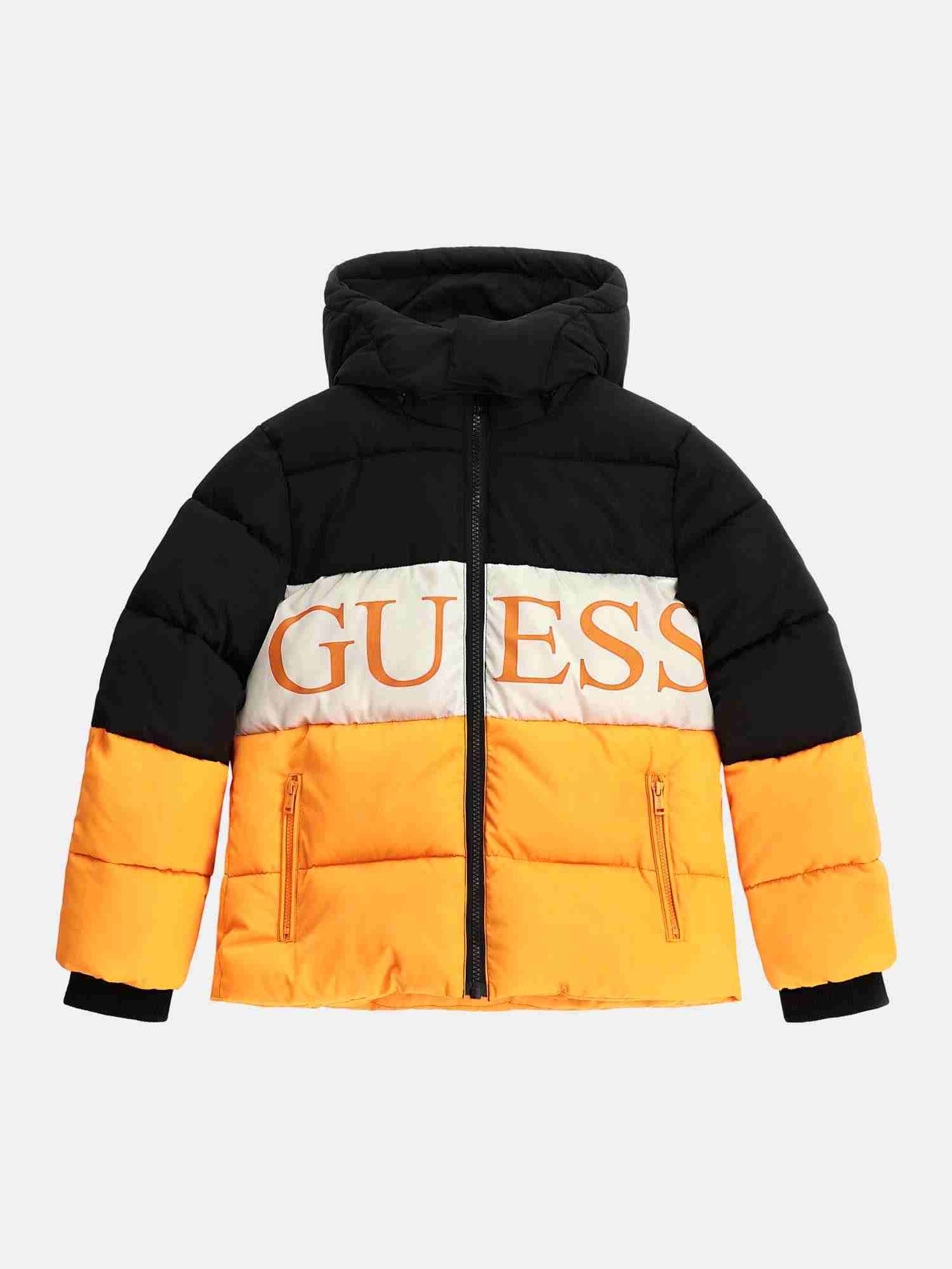 Orange Detachable Hood Full Sleeves Color Blocked Puffer Jacket