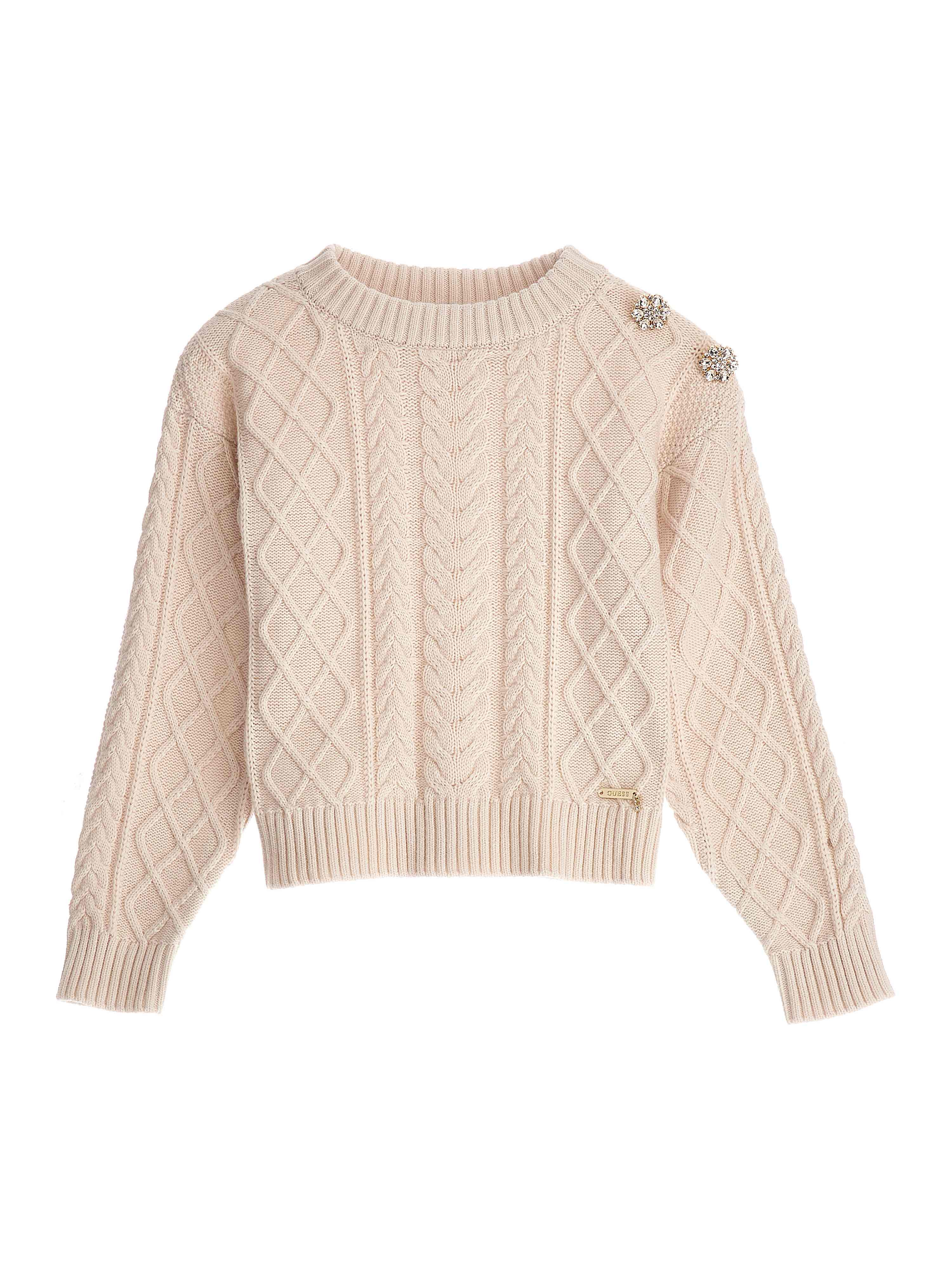 Cream Round Neck Full Sleeves Cable Knitted Sweater