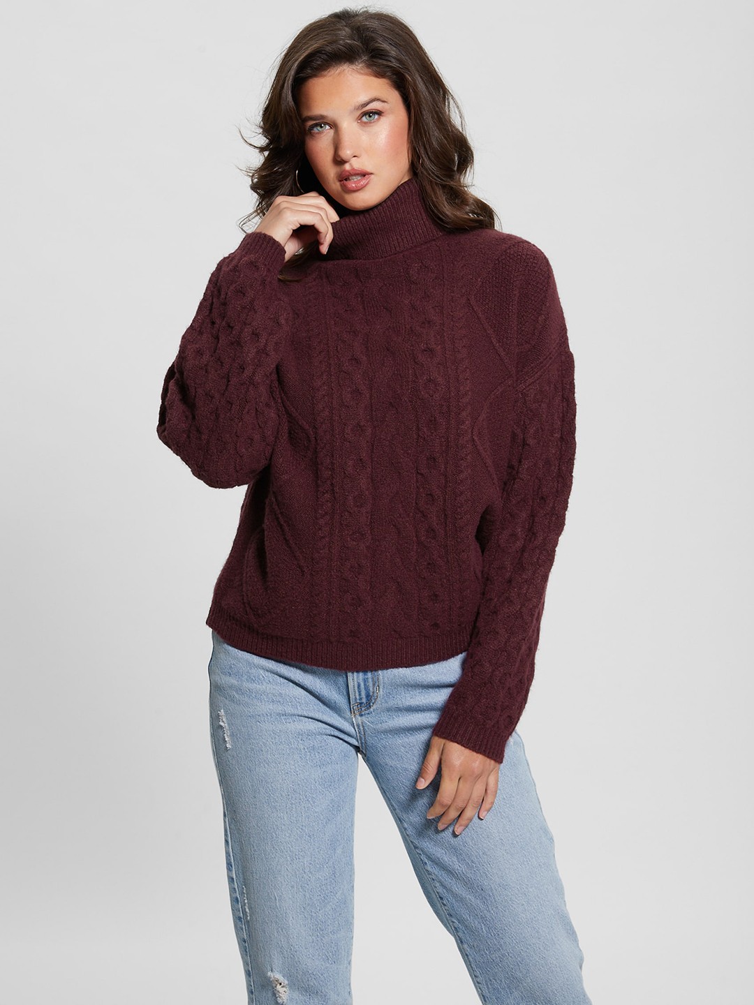 Wine Self Design High Neck Full Sleeves Sweater