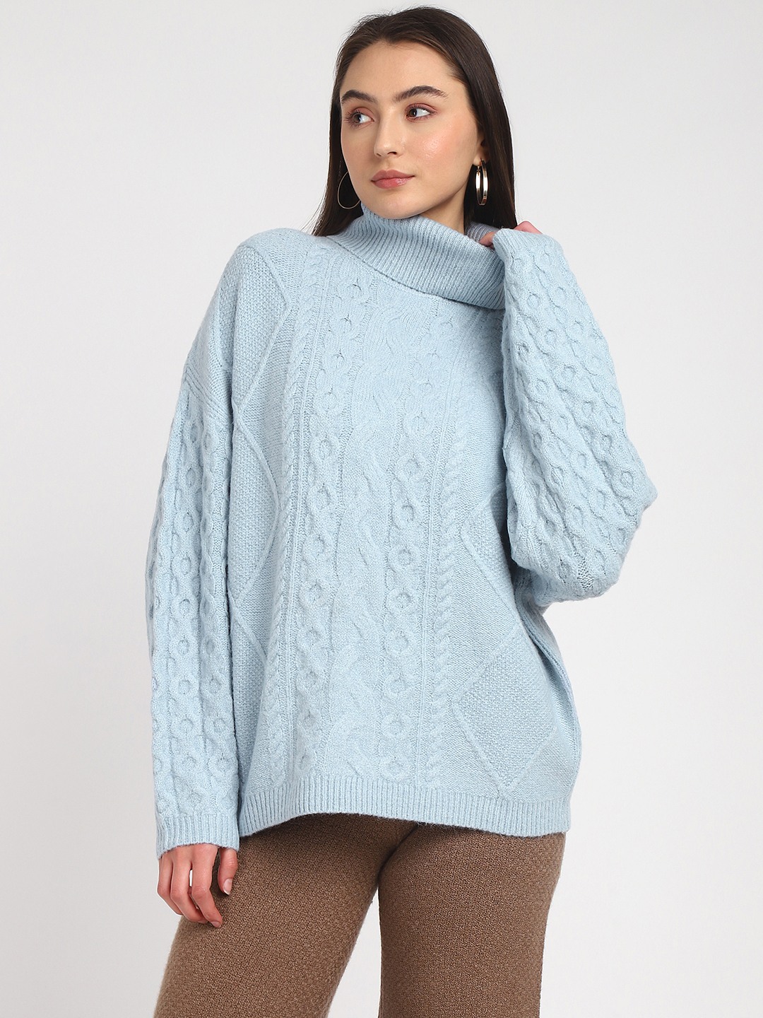 Blue Self Design High Neck Full Sleeves Sweater
