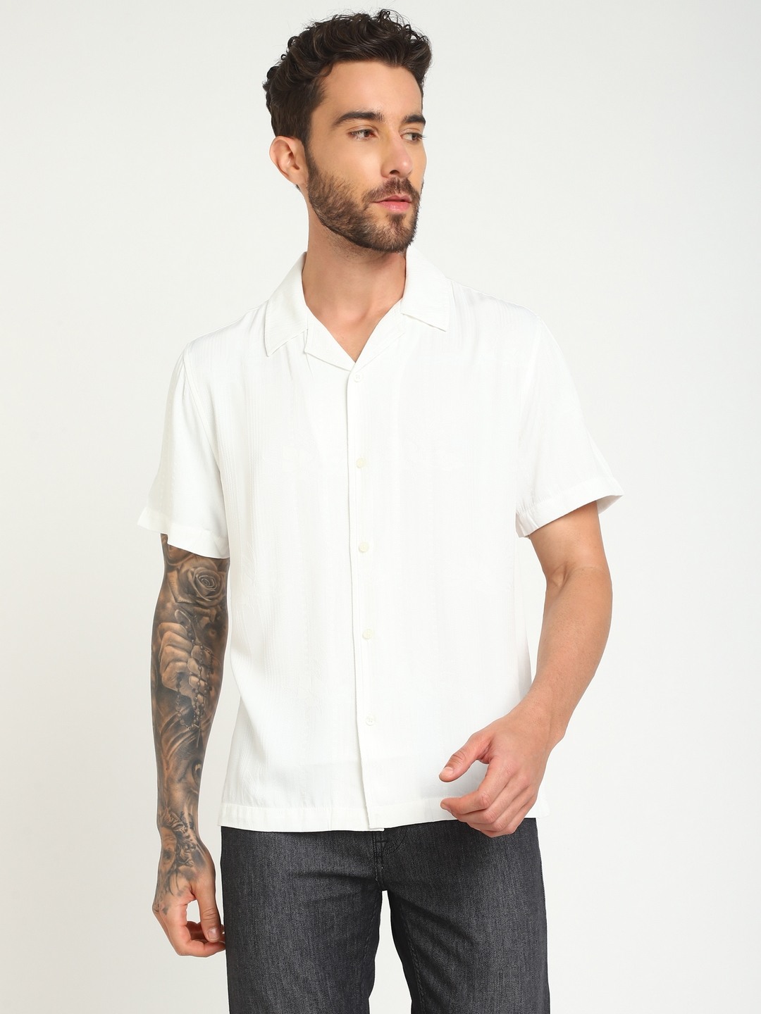 White Printed Cuban Collar Short Sleeves Shirt