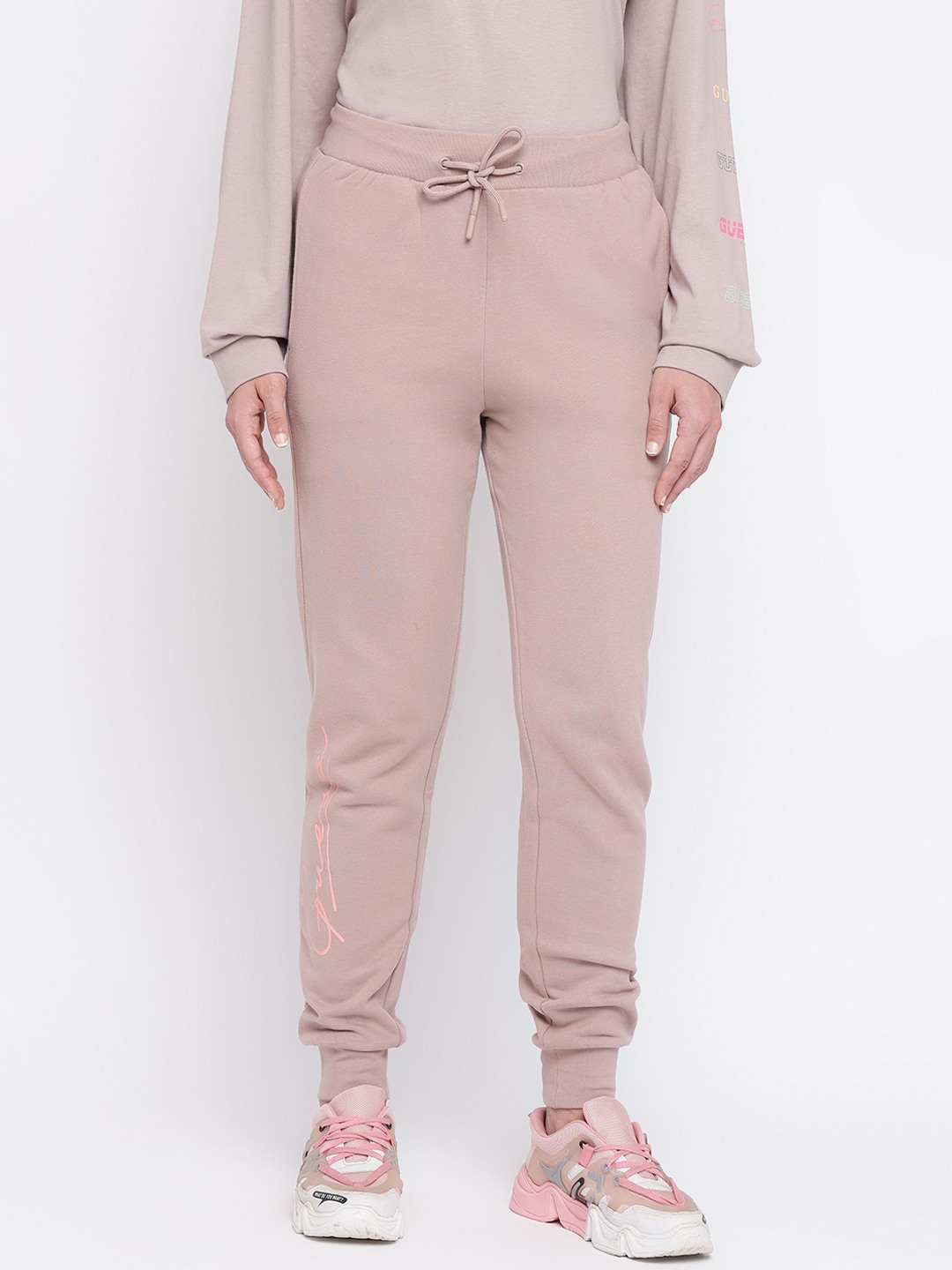 Beige Solid Joggers With Drawstring Closure