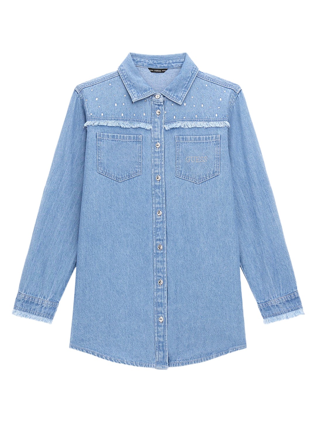 Blue Spread Collar Full Sleeves Embellished Shirt