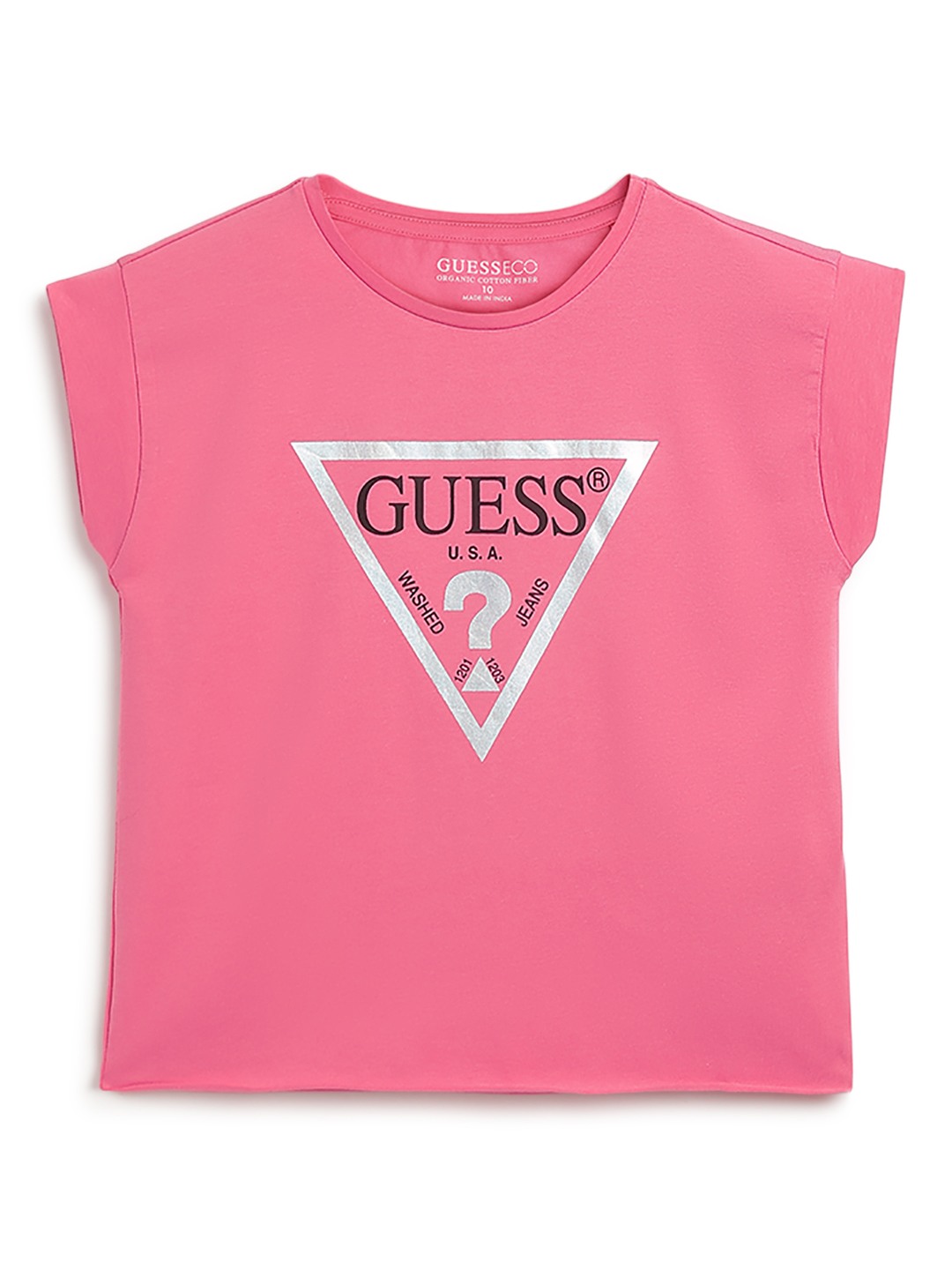 Pink Printed Round Neck Cropped Core T-Shirt