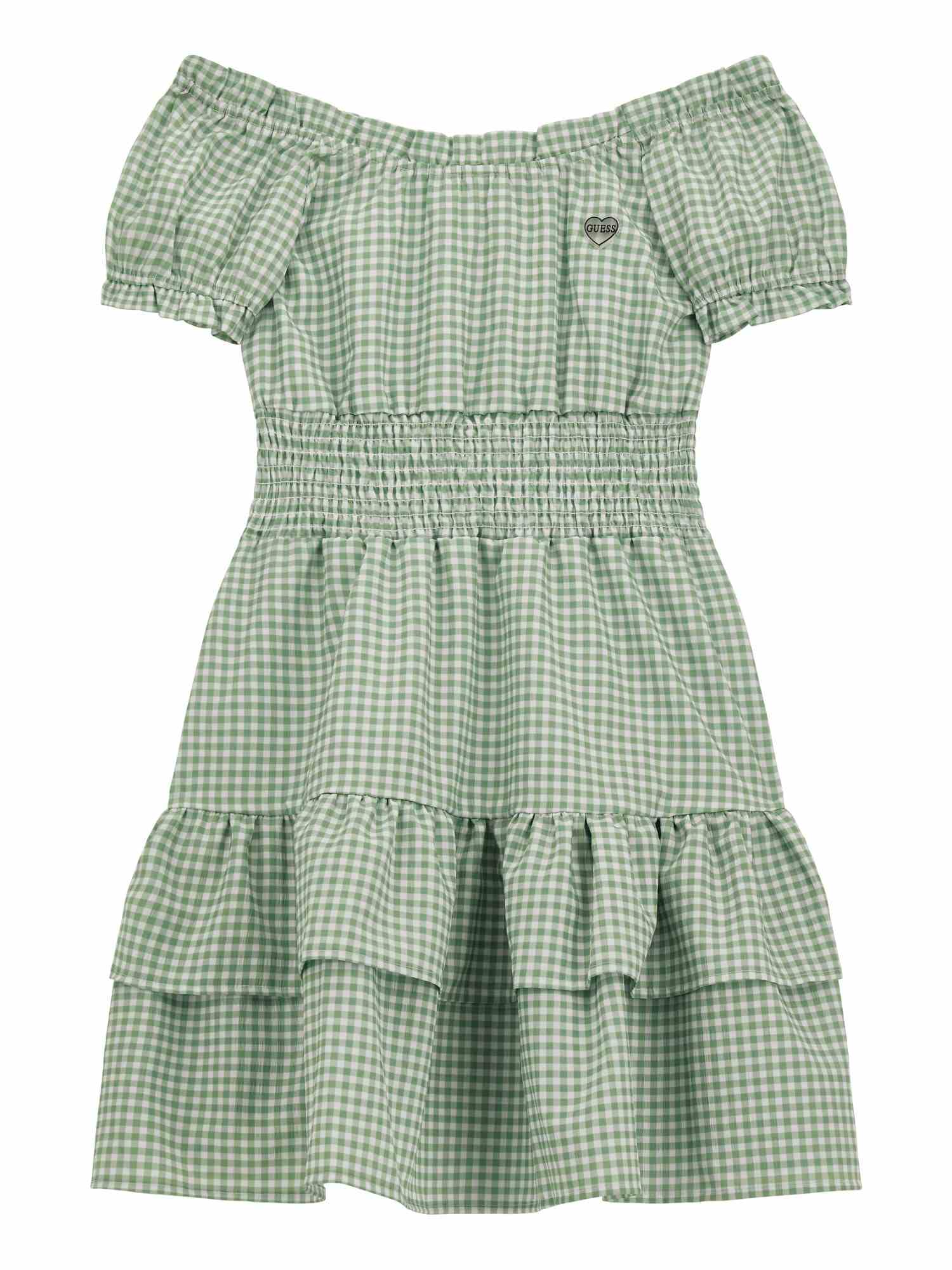 Green Off Shoulder Short Sleeves Checked Layered Dress