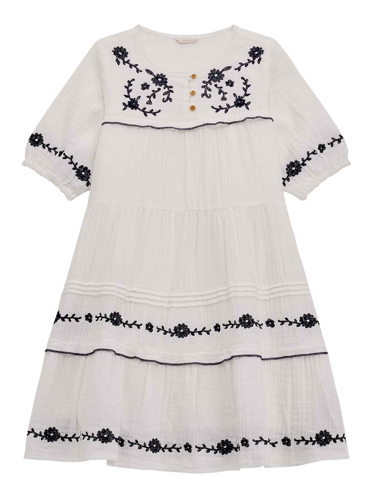 White Round Neck Short Sleeves Embroidered A-Line Dress