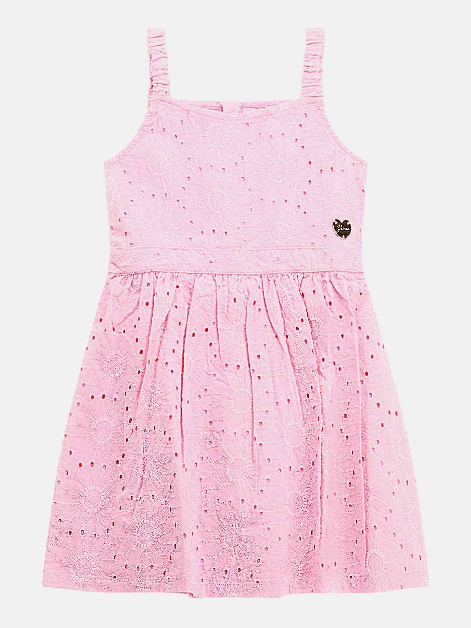 Pink Shoulder Strap Sleeveless Embroidered Gathered Dress
