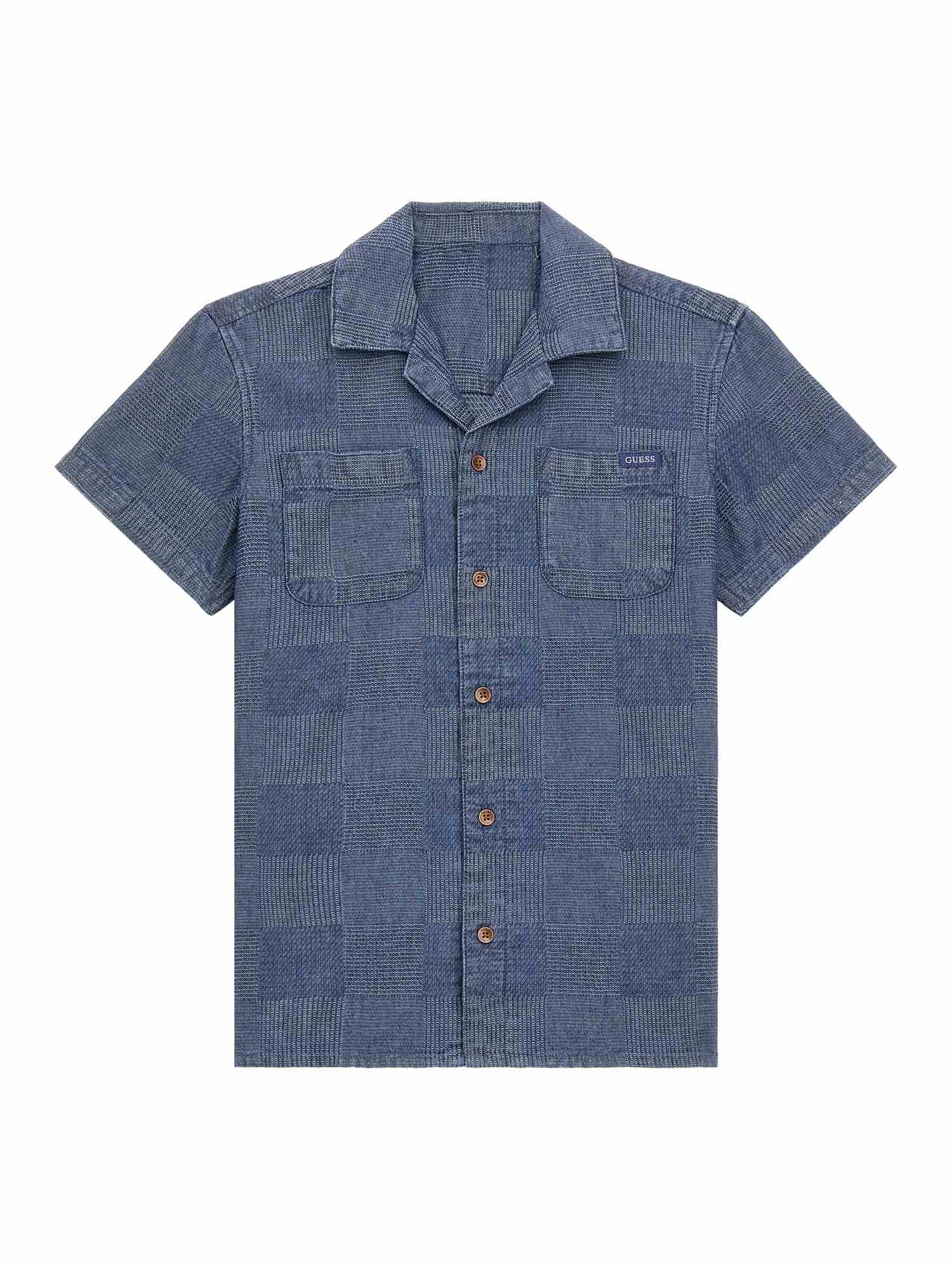 Blue Cuban Collar Short Sleeves Checked Shirt
