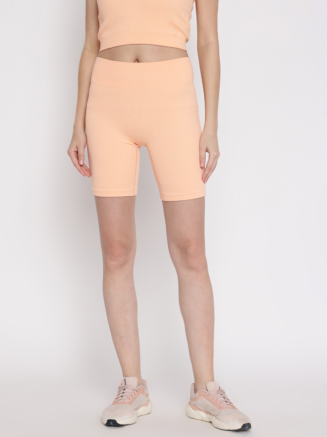 Peach Ribbed Above Knee Shorts