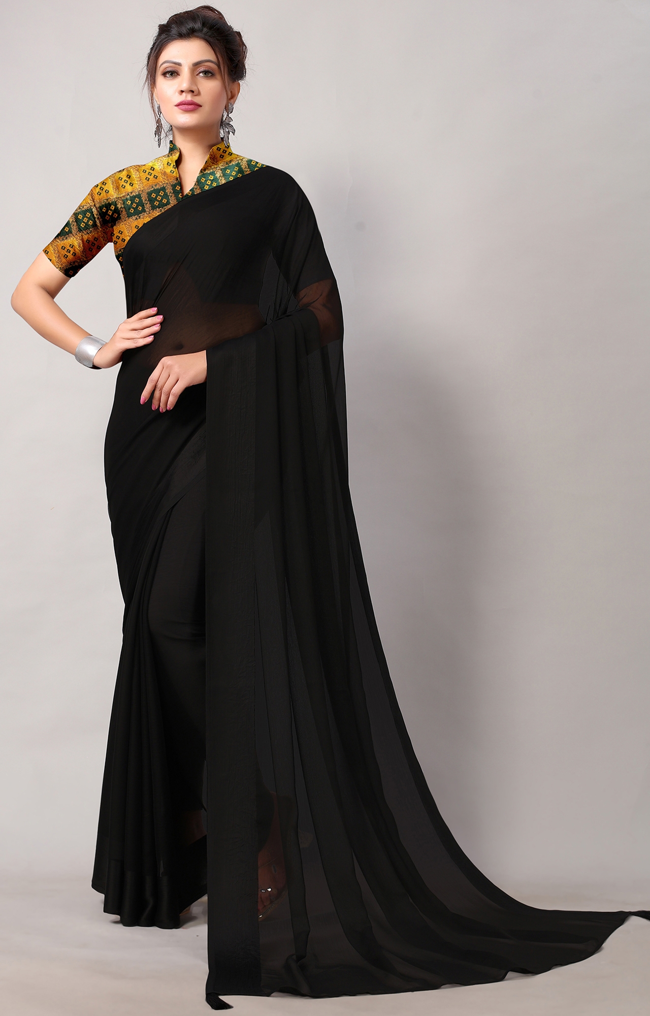 Women Black Chiffon Party Wear Solid Saree-HACFNSTNBDR1079BLCK