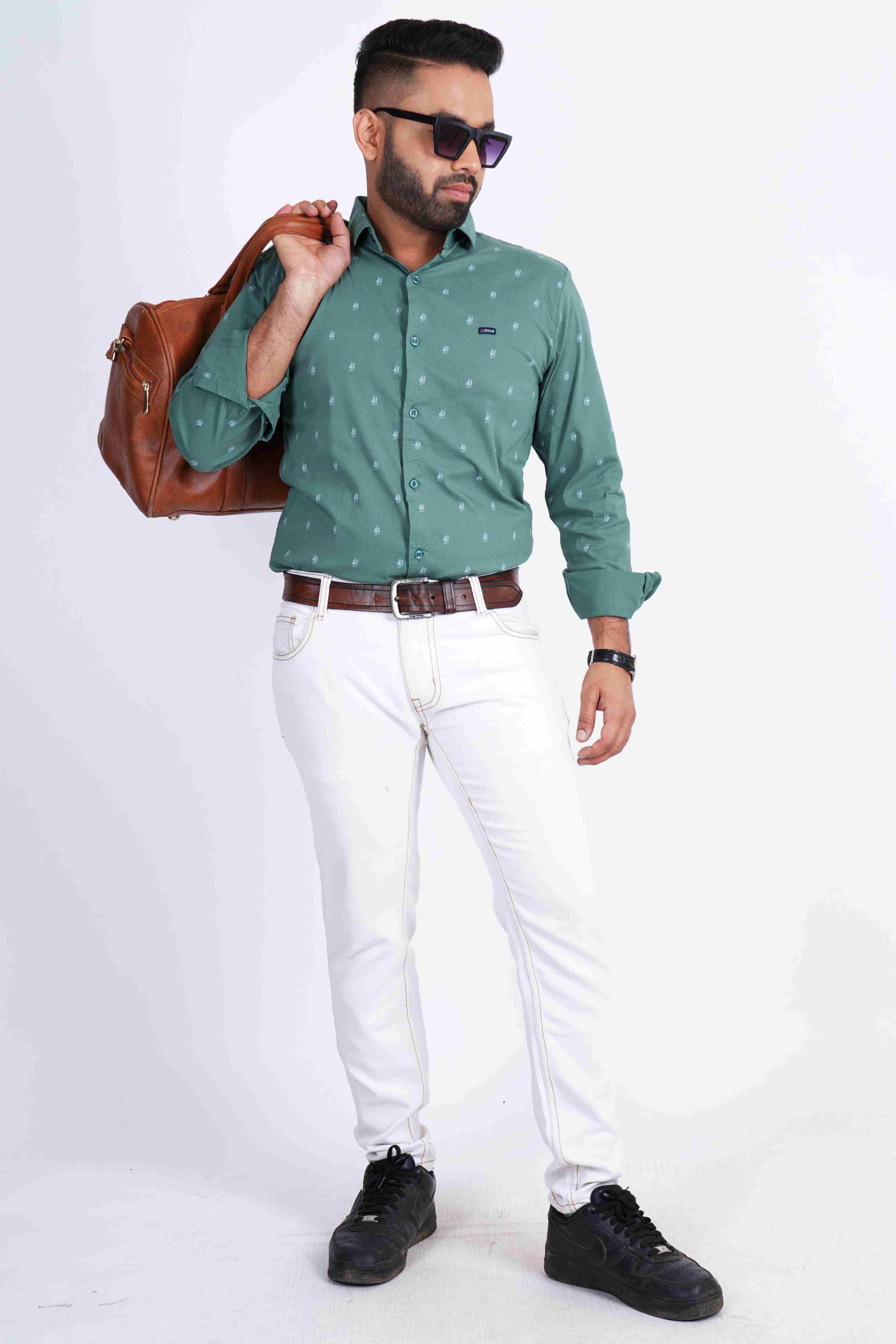Light Green Mountain Lycra Print Stretchable Shirt
