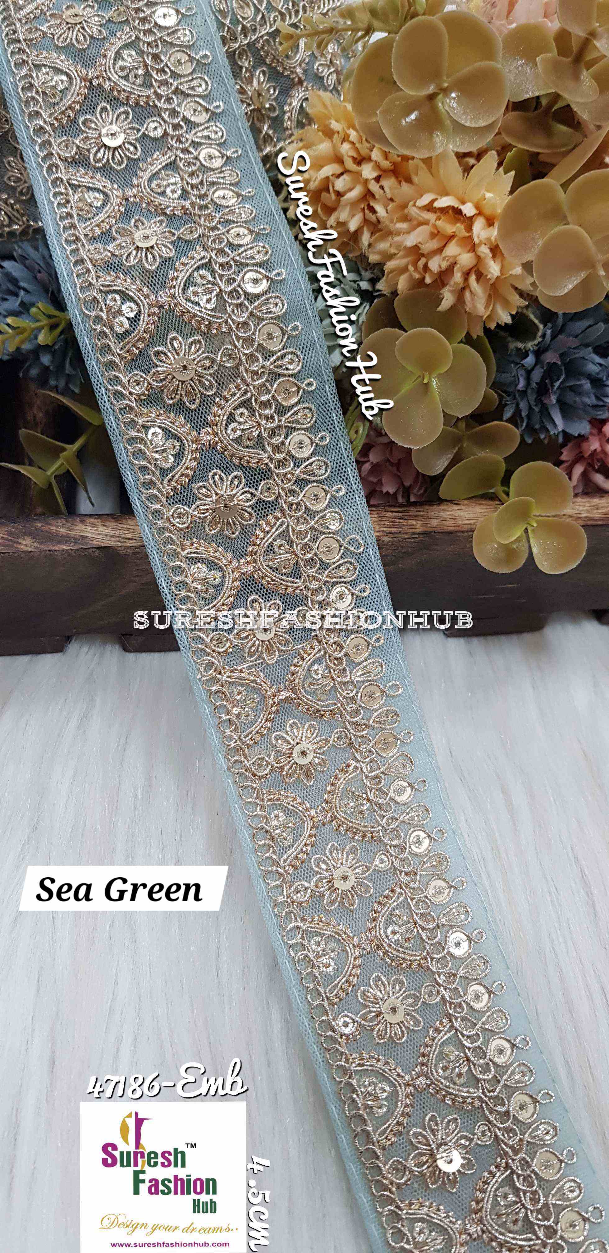 SeaGreen Floral Pearl Embroidery Lace