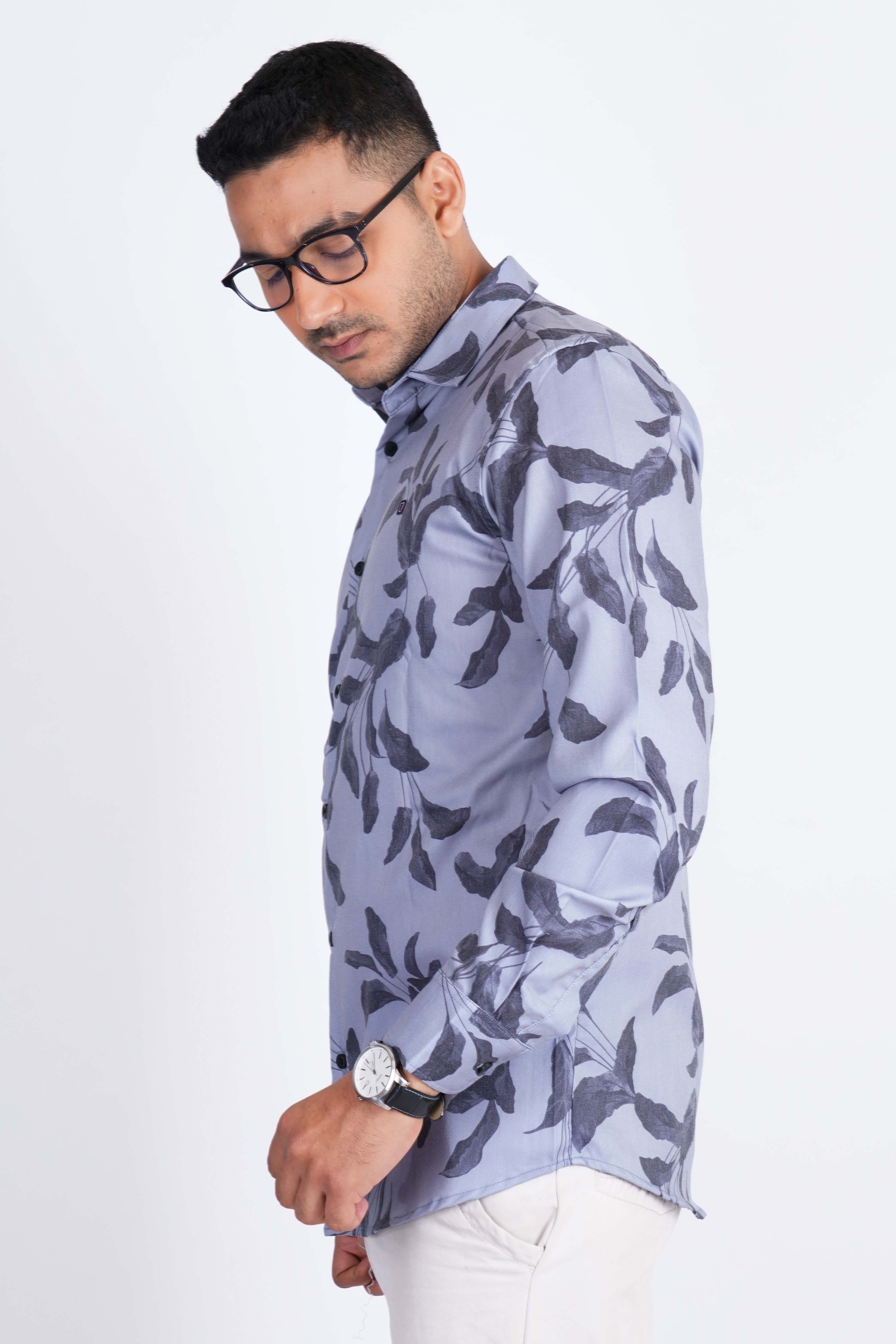 Grey Light Grey Leaves Abstract Imported Lycra Shirt