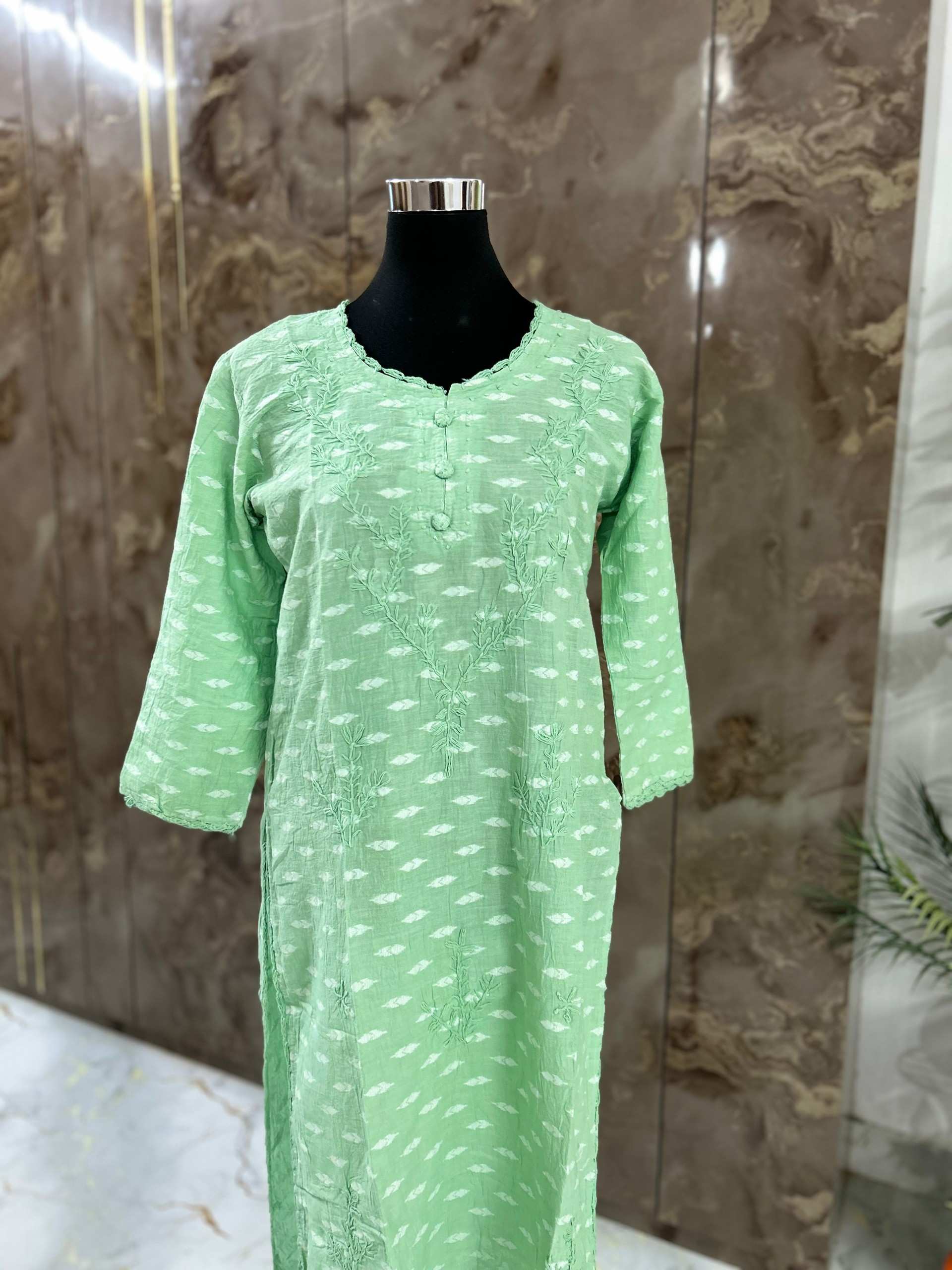 Mint Green Lucknowi chickenkari cotton  kurta