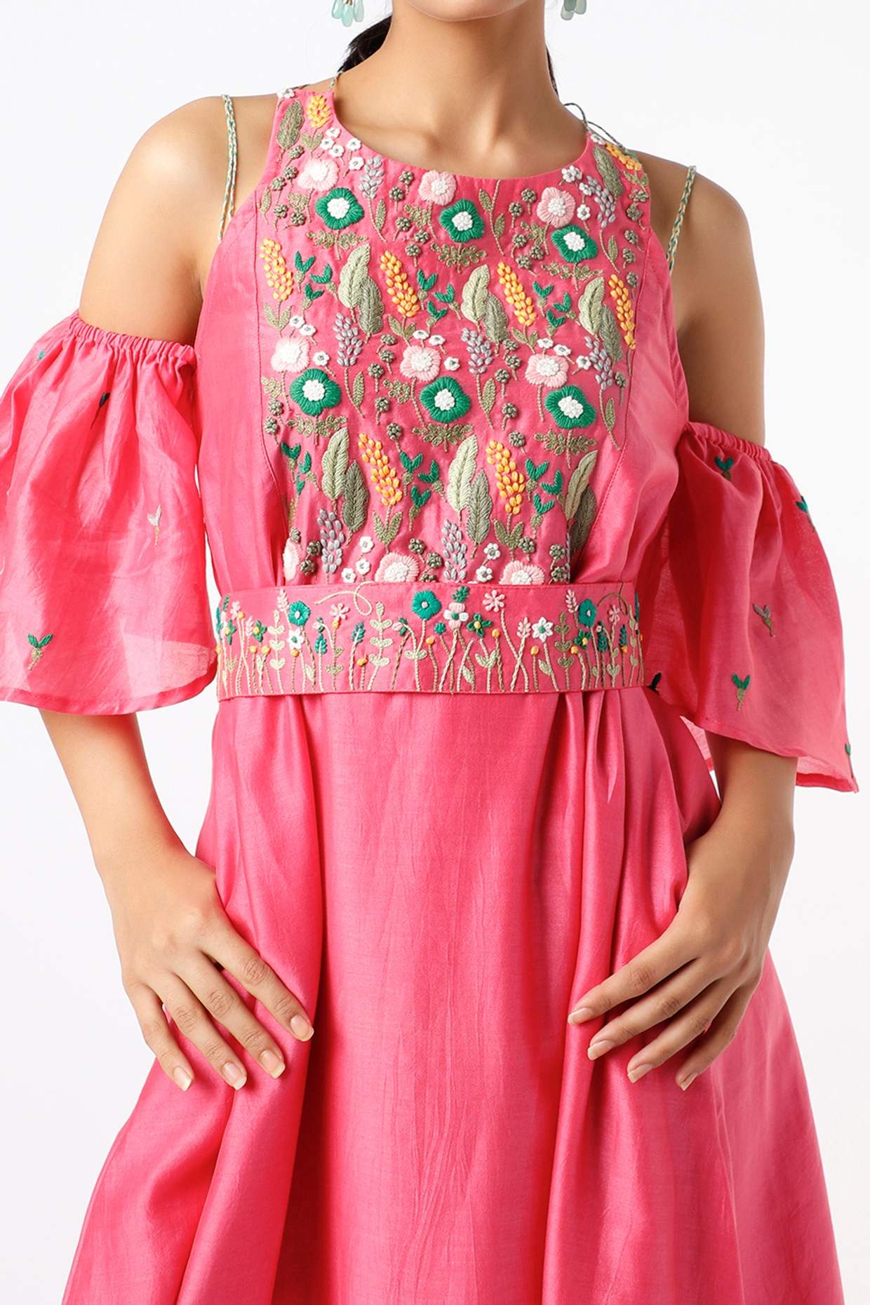 Fuchsia Embroidered Dress With Belt
