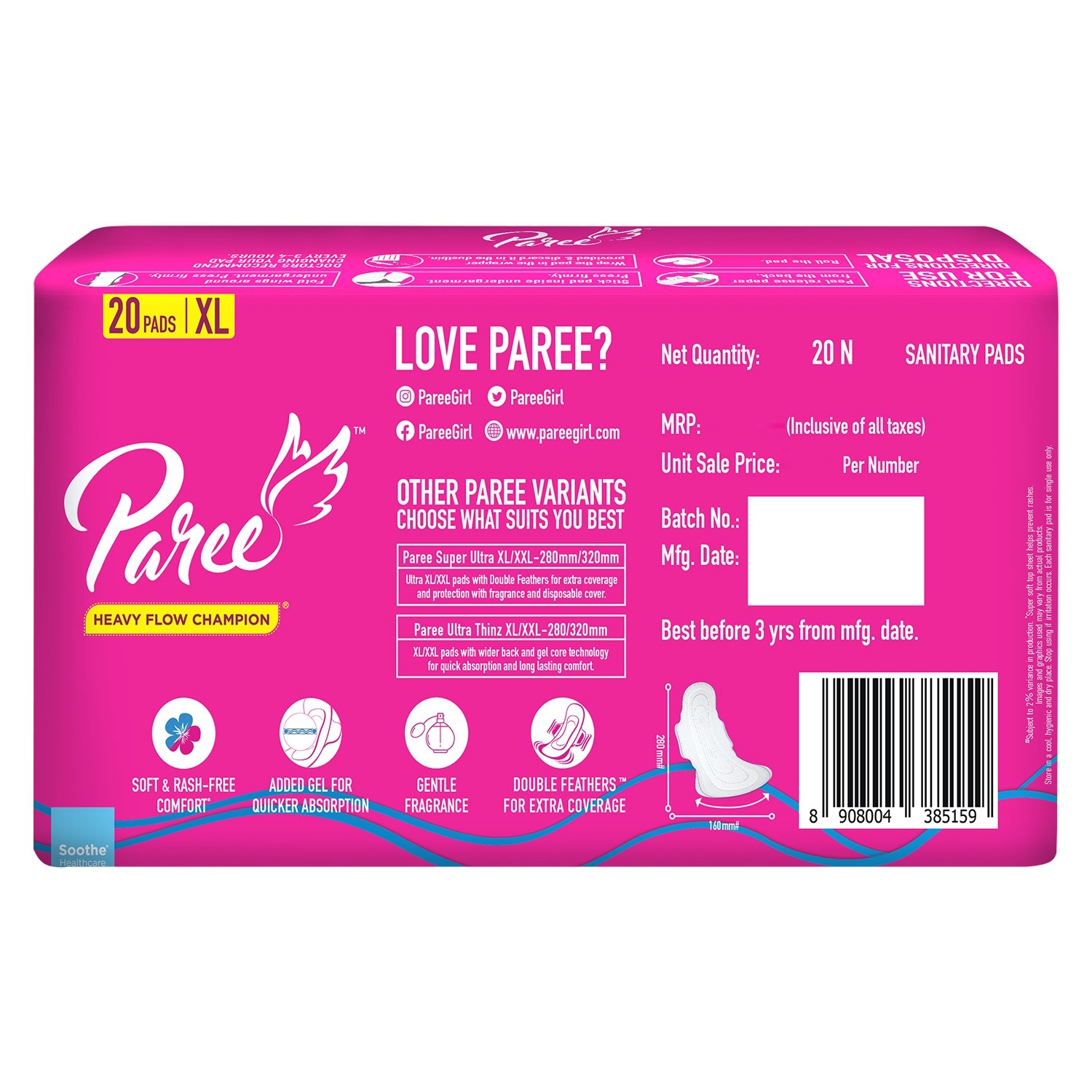 Paree | Paree Soft & Rash Free XL Sanitary Pads, With 3 Seconds Absorption For Heavy Flow - 20 Pads 1