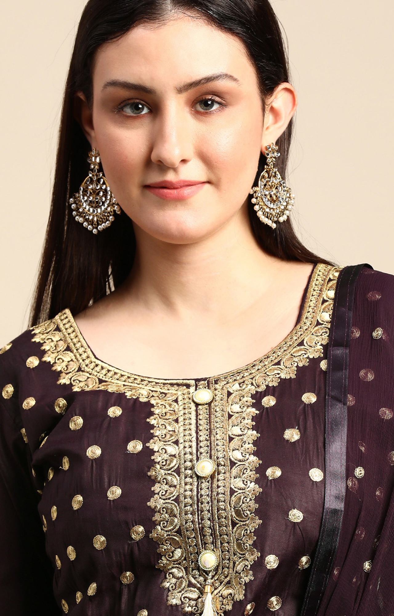 Shaily Women Wine Color Cotton Embroidered With Tessels Unstitched Dress Material-VF_JALGALU_WNE_DM