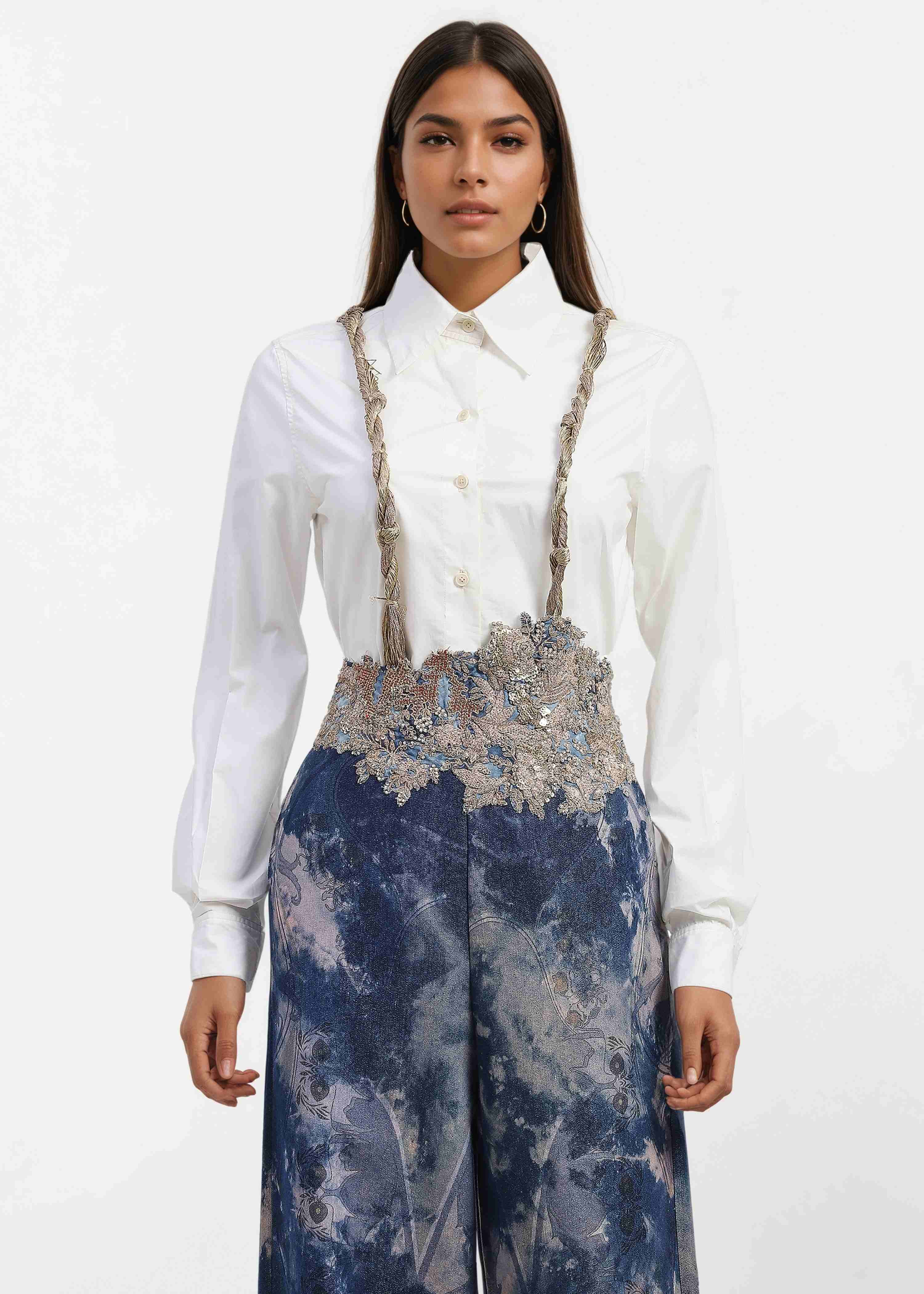 AKOK Blue Cotton White Shirt with trouser & denim suspender Co-ords