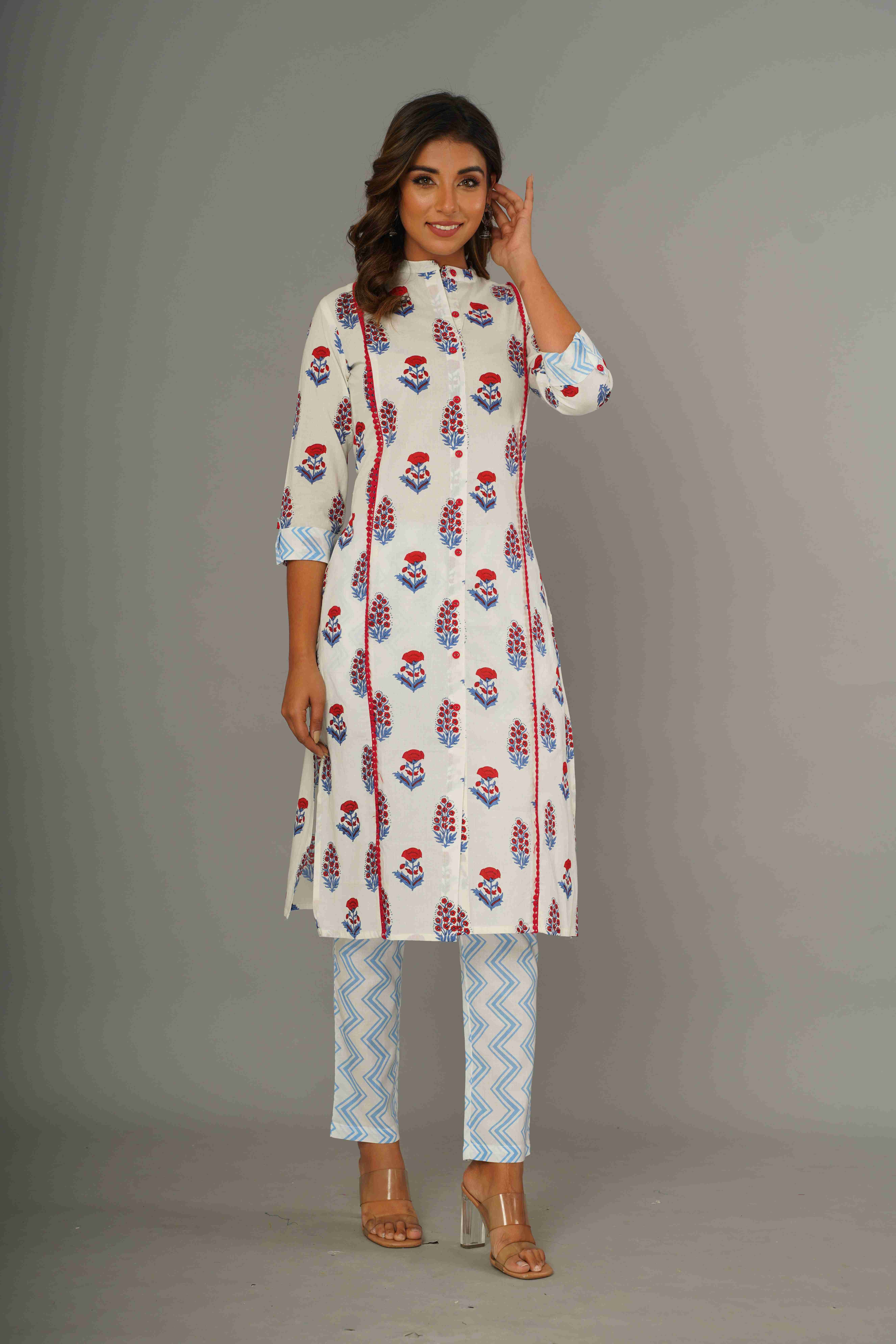 Women White Floral Printed Kurta with Trousers