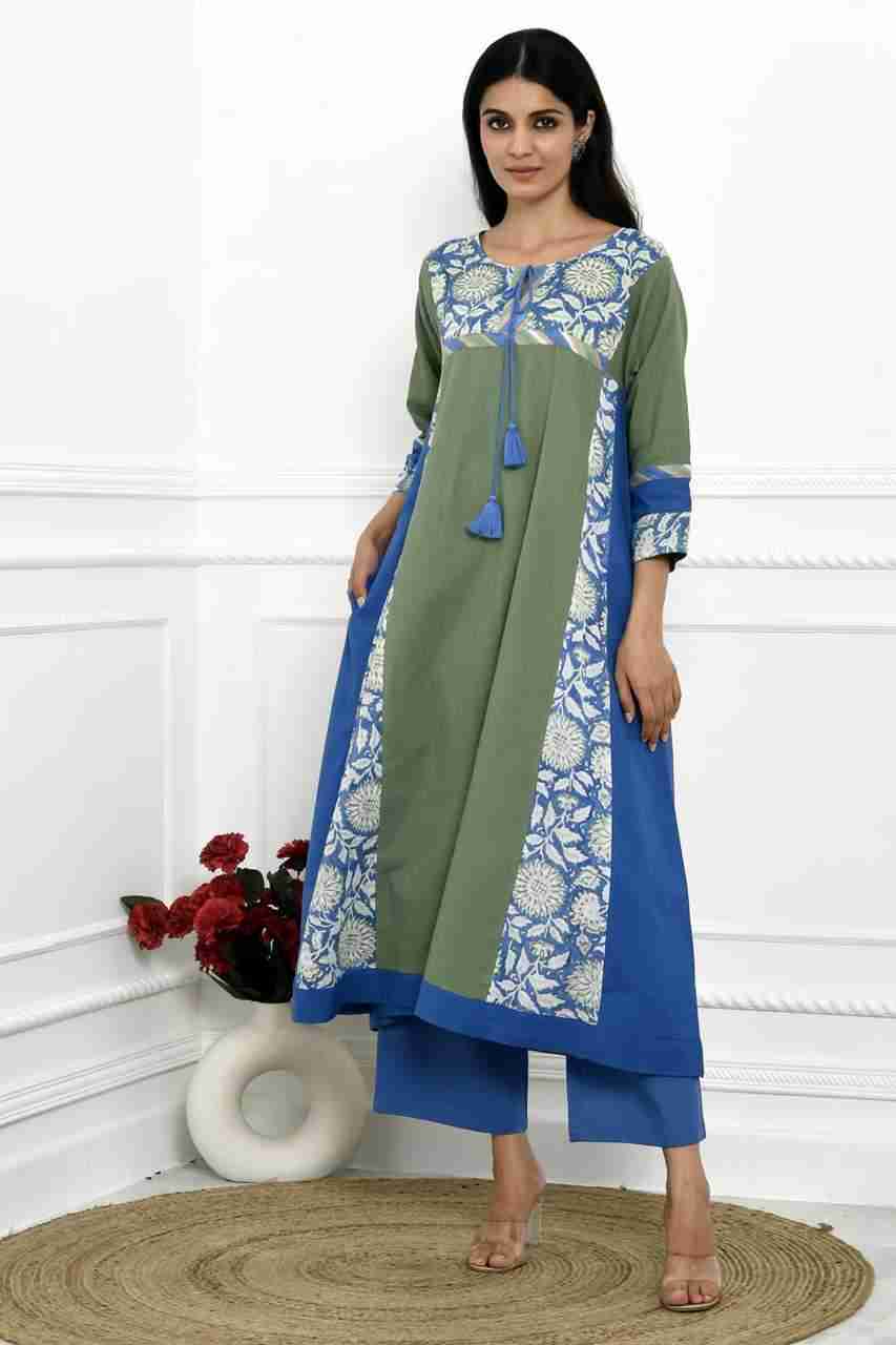 Naksh Green And Blue Solid Kalidar Kurta With Pants (Set of 2)