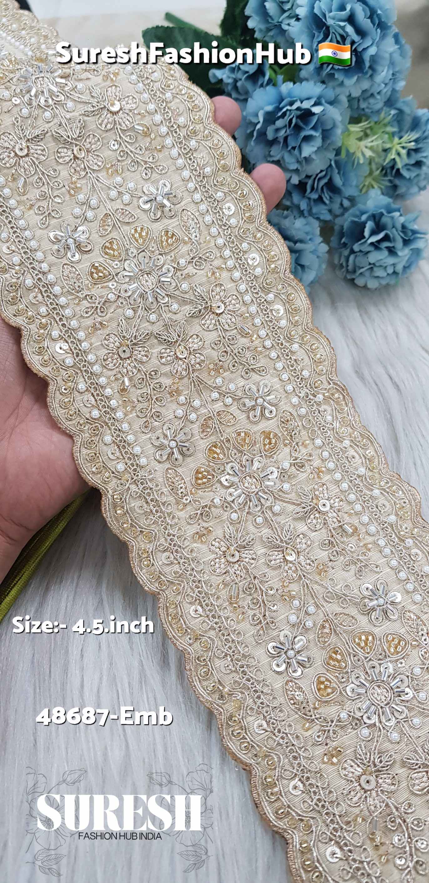Beige Double Scalloped Floral Border – 48687-Emb