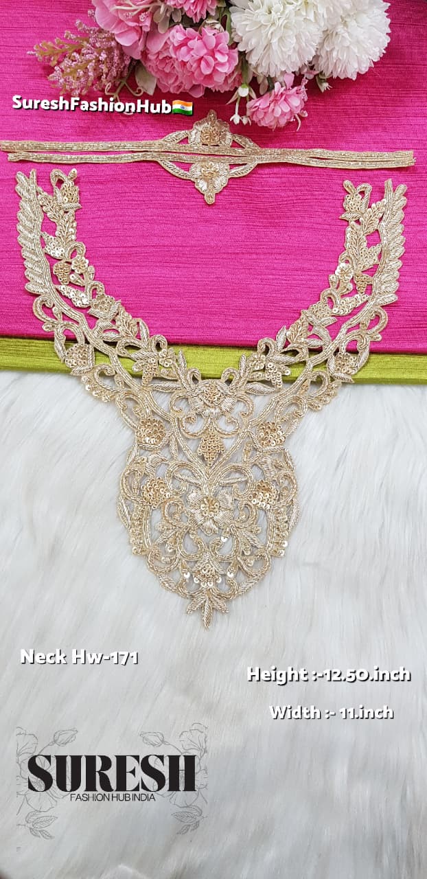 Pearl Gold Royal Handmade Zardosi Neck with Sleeves – HW Neck 171