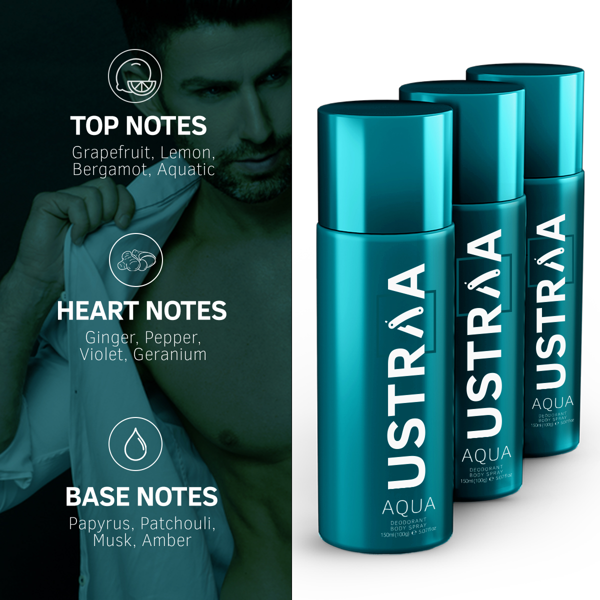 Ustraa AQUA Deodorant Body Spray - 150 ml - Pack of 3