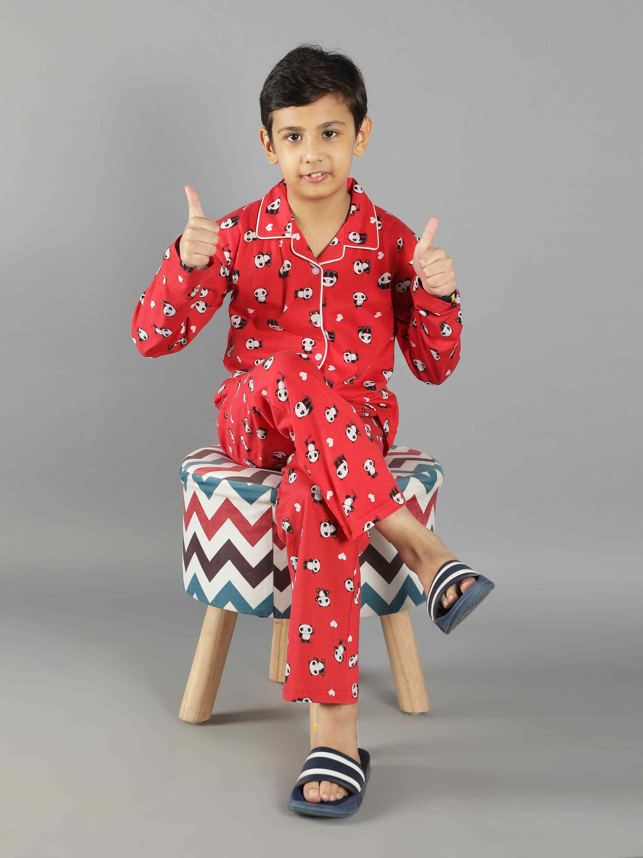 Ninos Dreams Panda Printed Full sleeves Lapel Collar Boy's Night Suit-Red