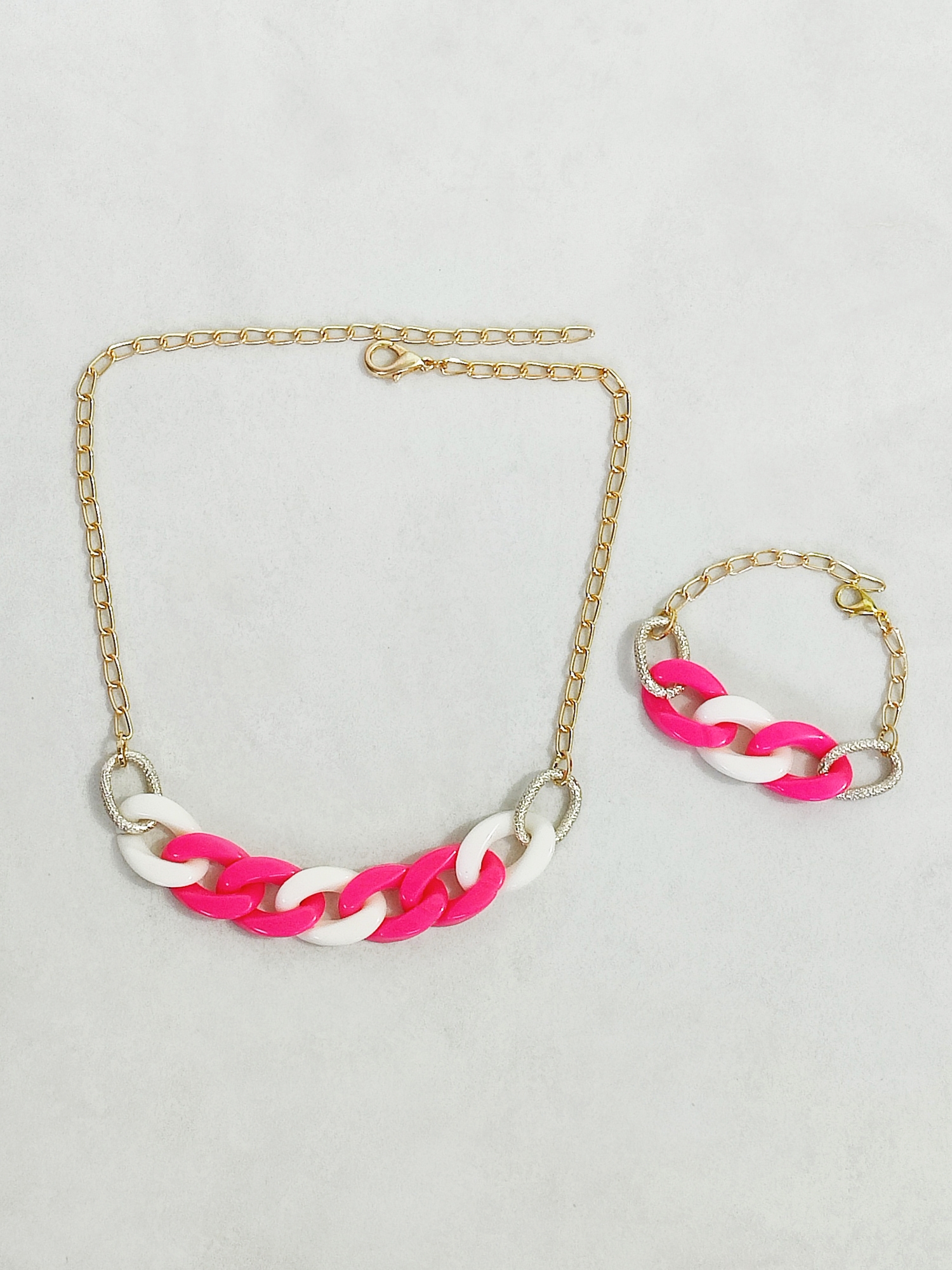 Cotton Candy Link Necklace & Bracelet Set- Pink, White