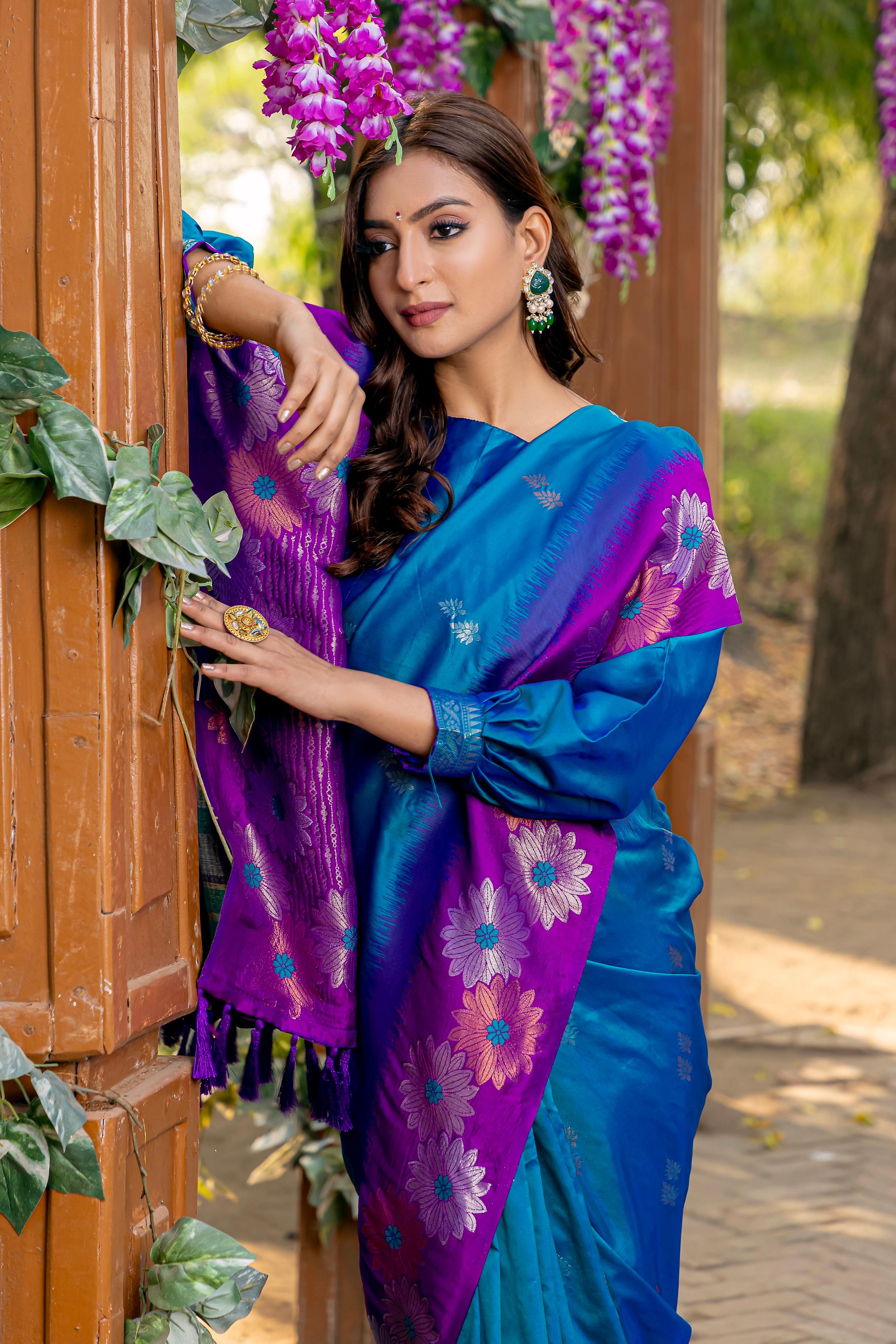 Tasarika Sky Jacquard Zari Rich weaving pallu all over floral silk saree Masakkali_Sky