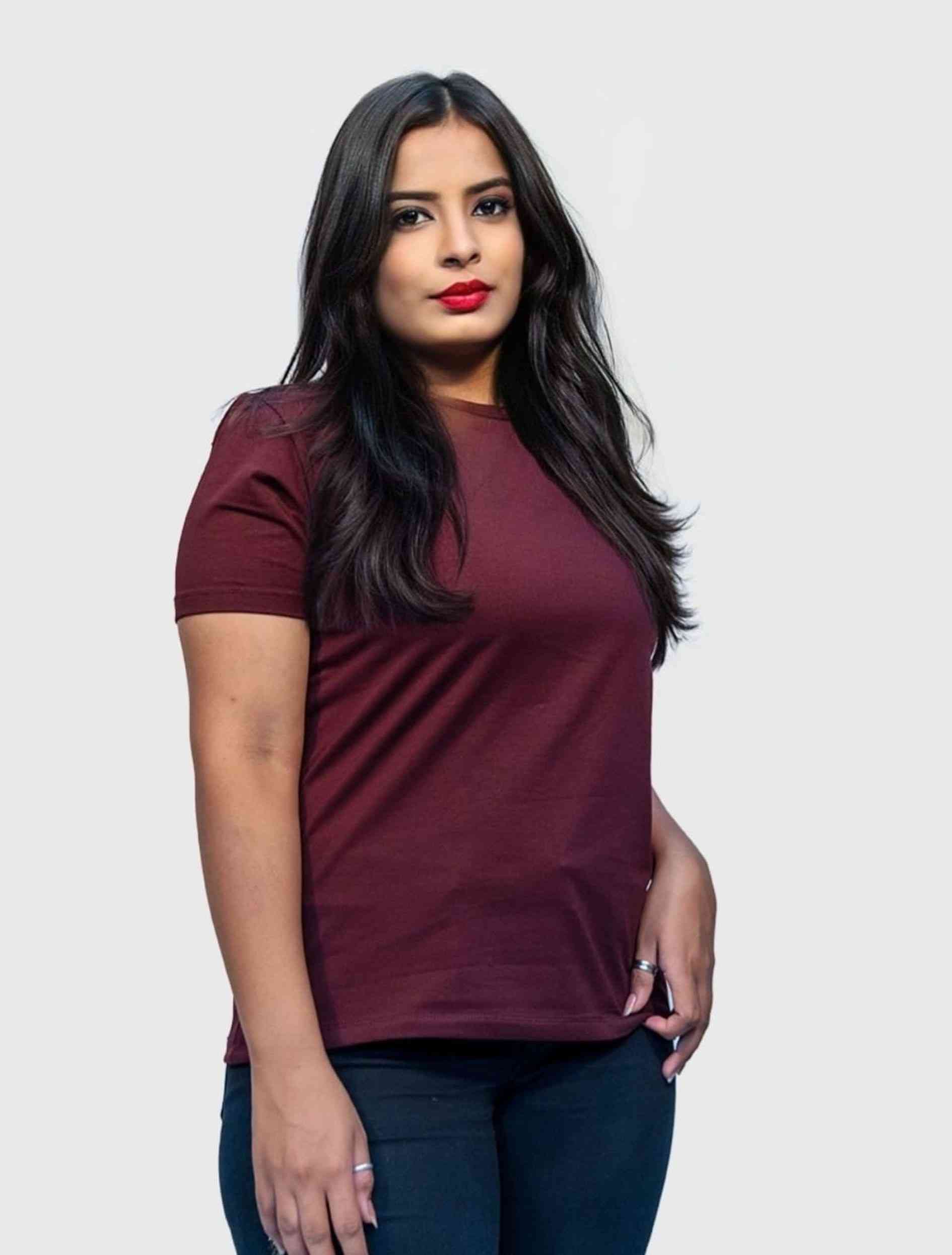 Wine Cotton Lycra Round Neck T Shirt