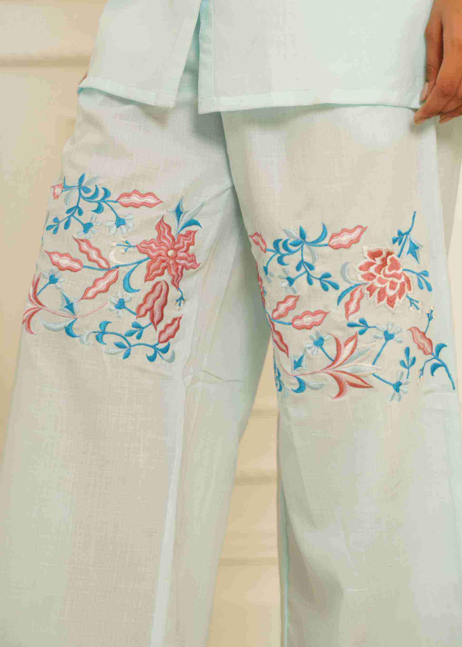 Cotton blended sky blue embrodiered co-ord set
