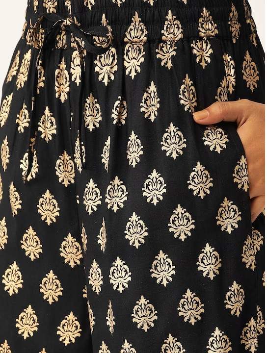 Women Black & Golden Printed Kurta with Palazzos