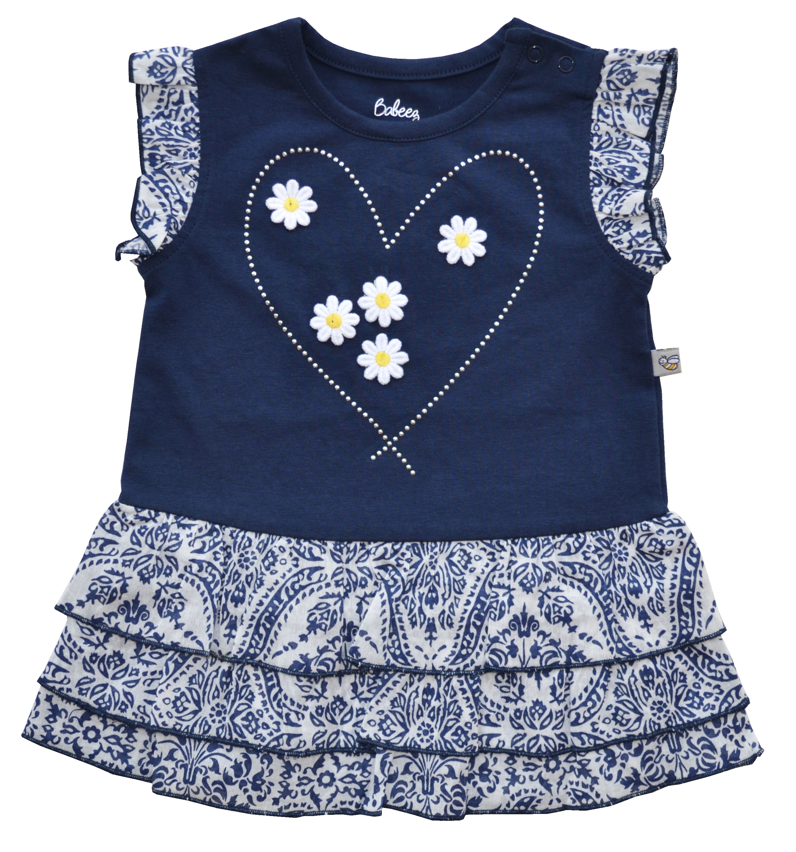 Blue Dress with Allover Flower Printed Frills and Flower Applique on Chest (100% Cotton)