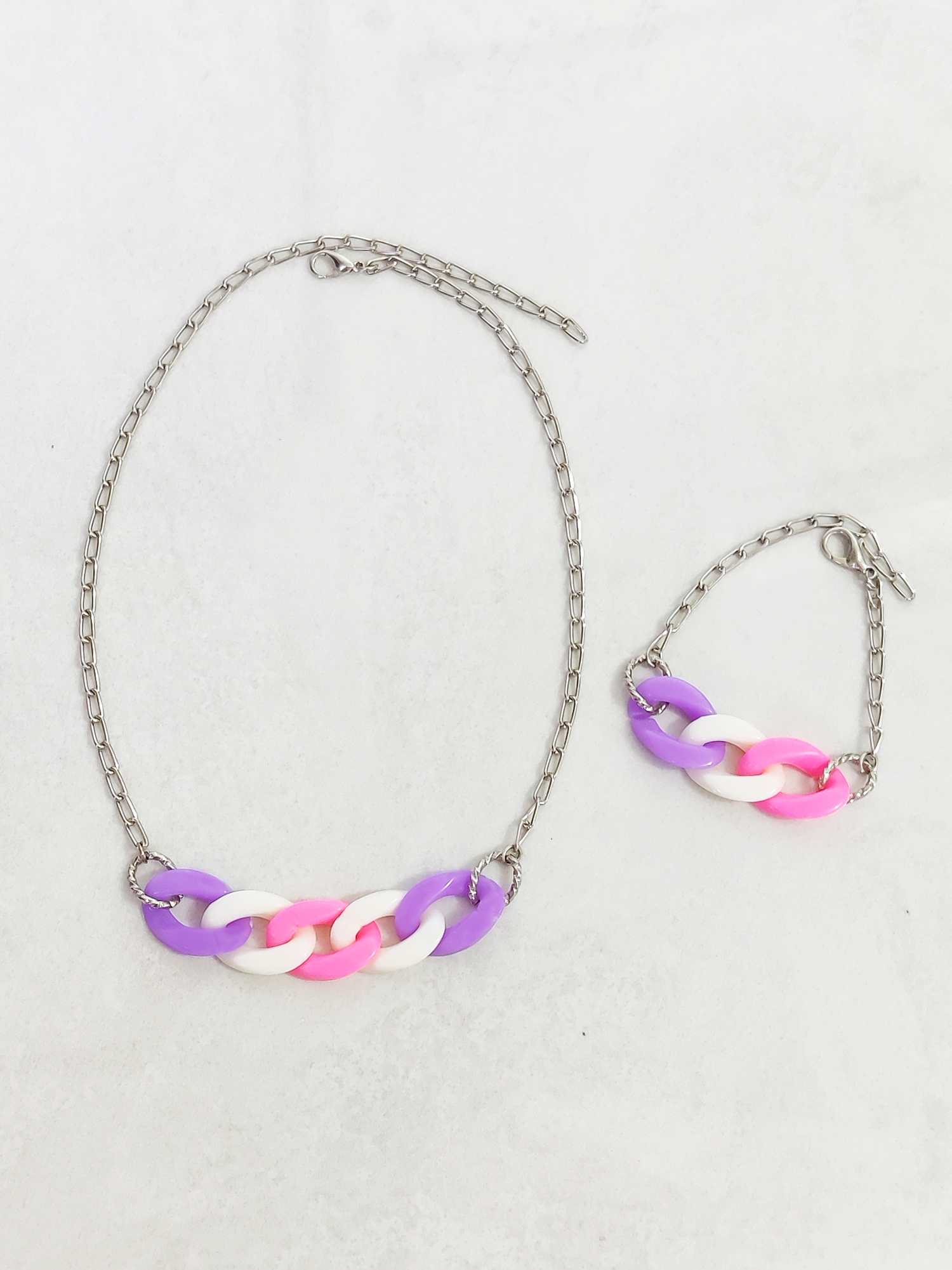 Pastel Link Necklace & Bracelet Set - Mauve, Pink