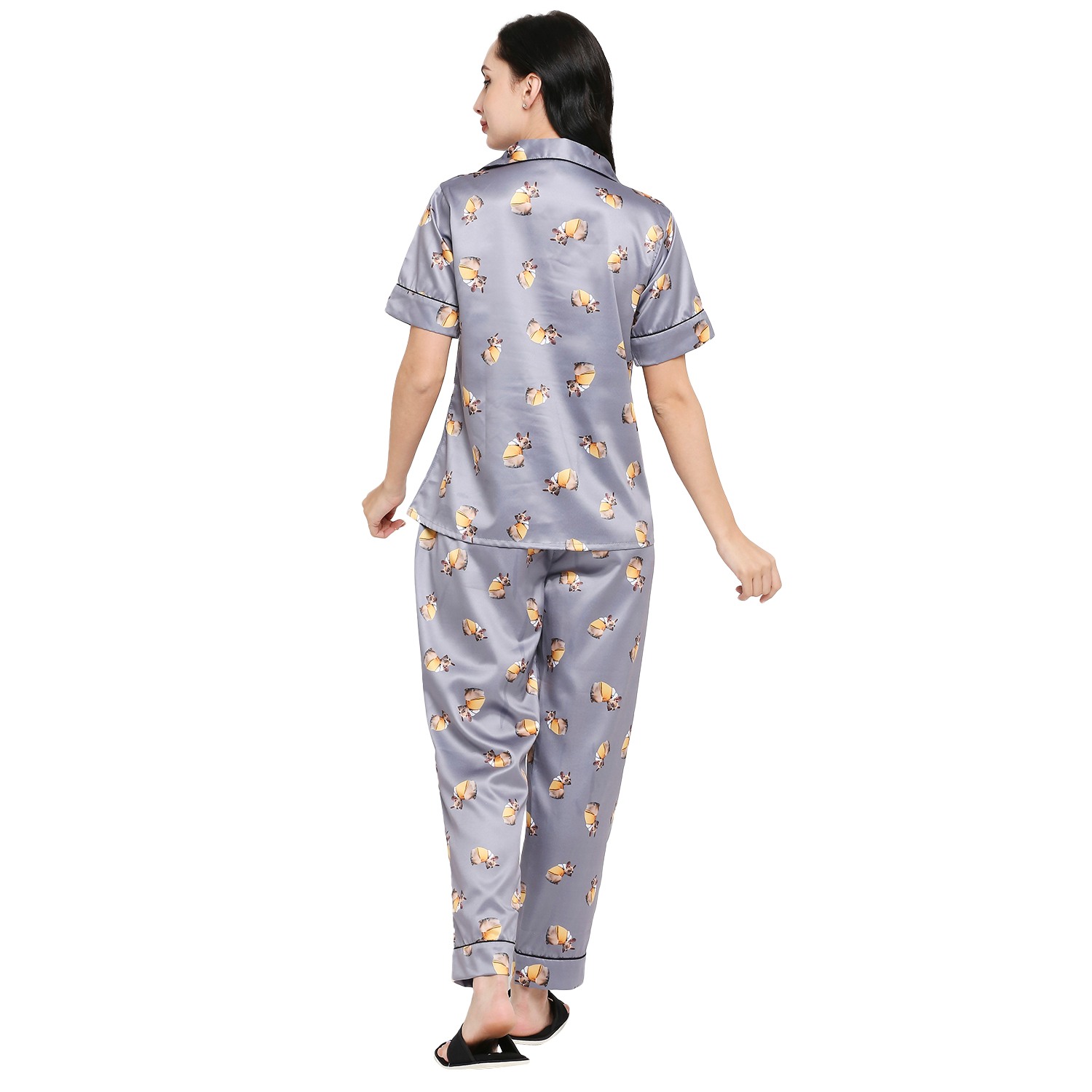 Smarty Pants women's silk satin grey color dog printed night suit.