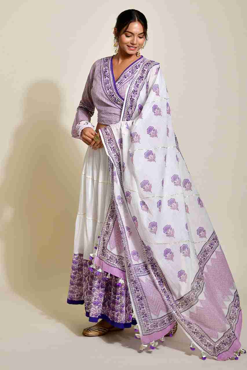 Naksh White and Purple Skirt, Top, Dupatta (Set ot 3)
