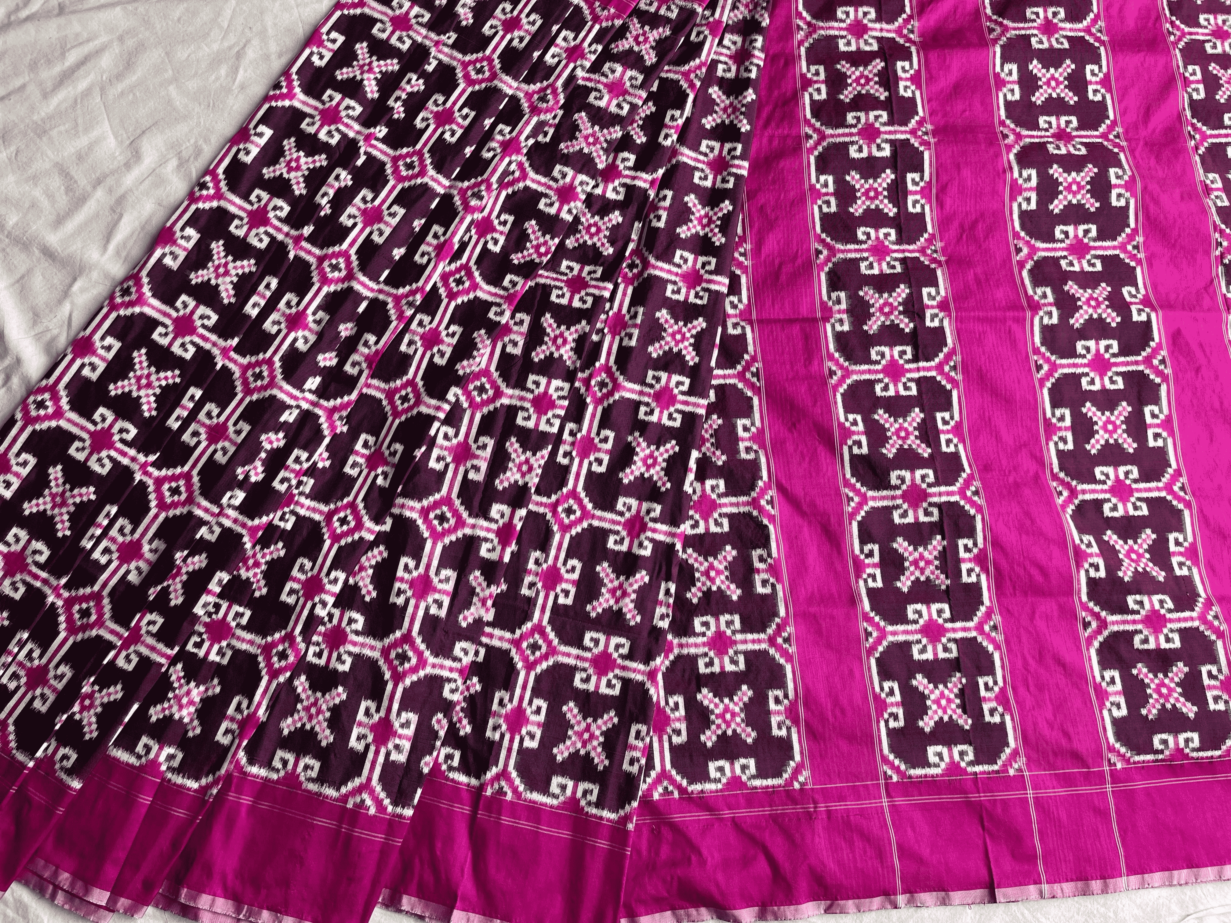 Teliya Rumal Double Ikat Jamun And Pink Combimnation Ikat Saree