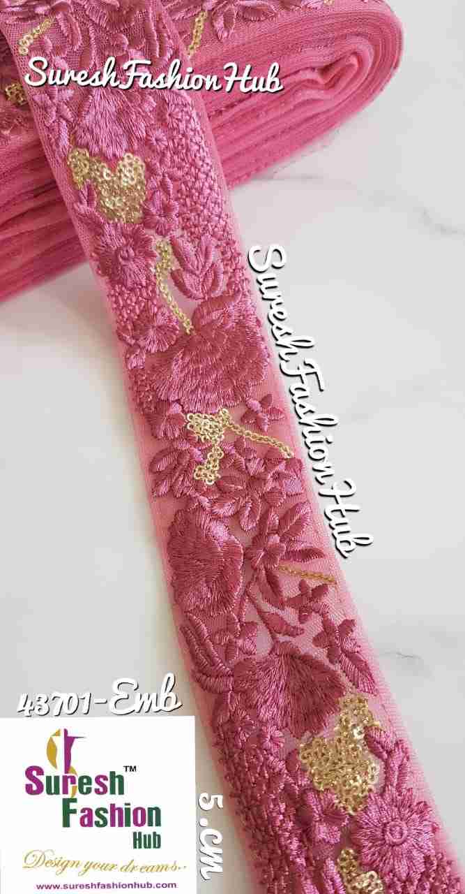 Golden Zari Threaded Petals On Thulian Pink  Net Embroidery Trim