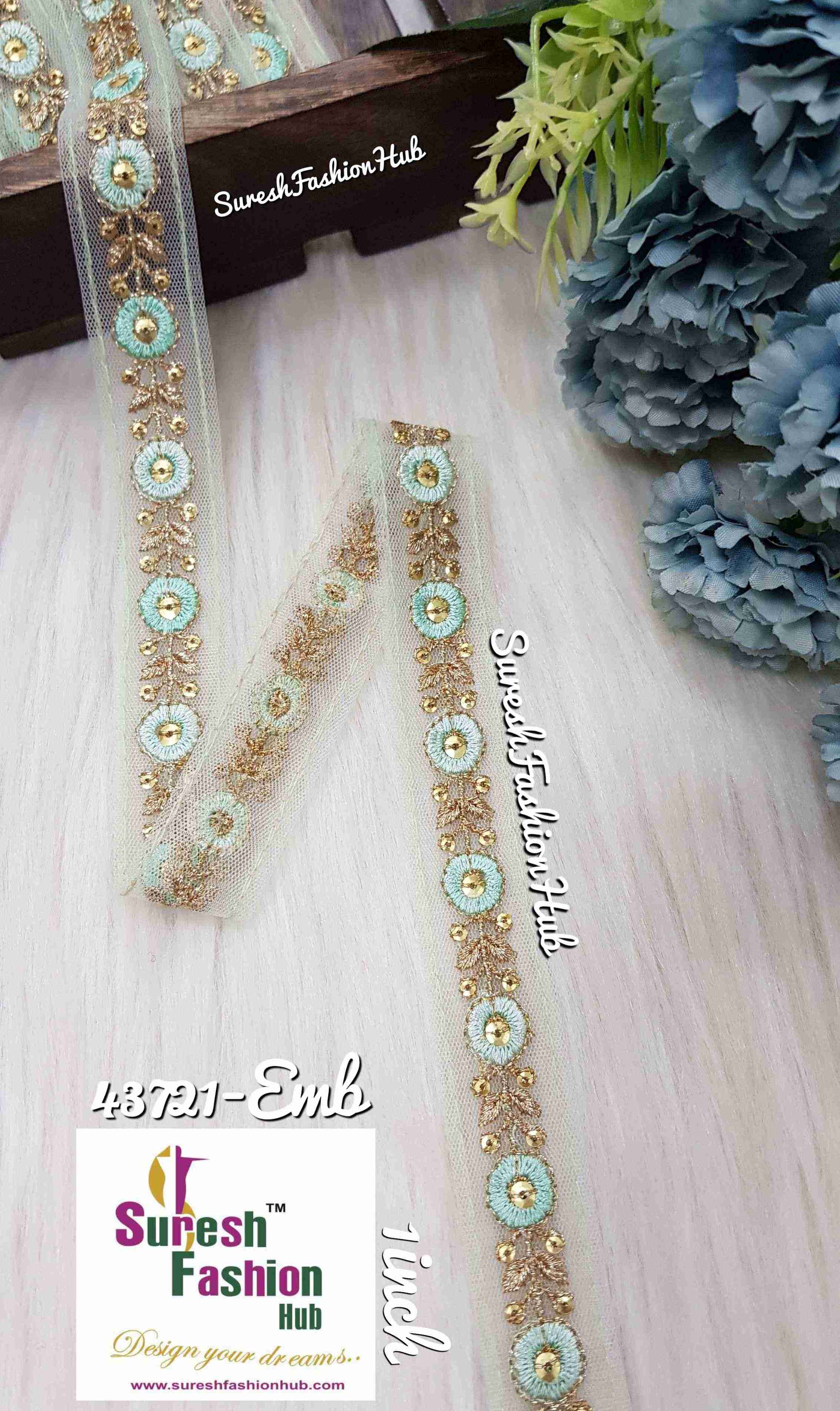 Light Sea Green Threaded  Petals with Zari Embroidered Trim