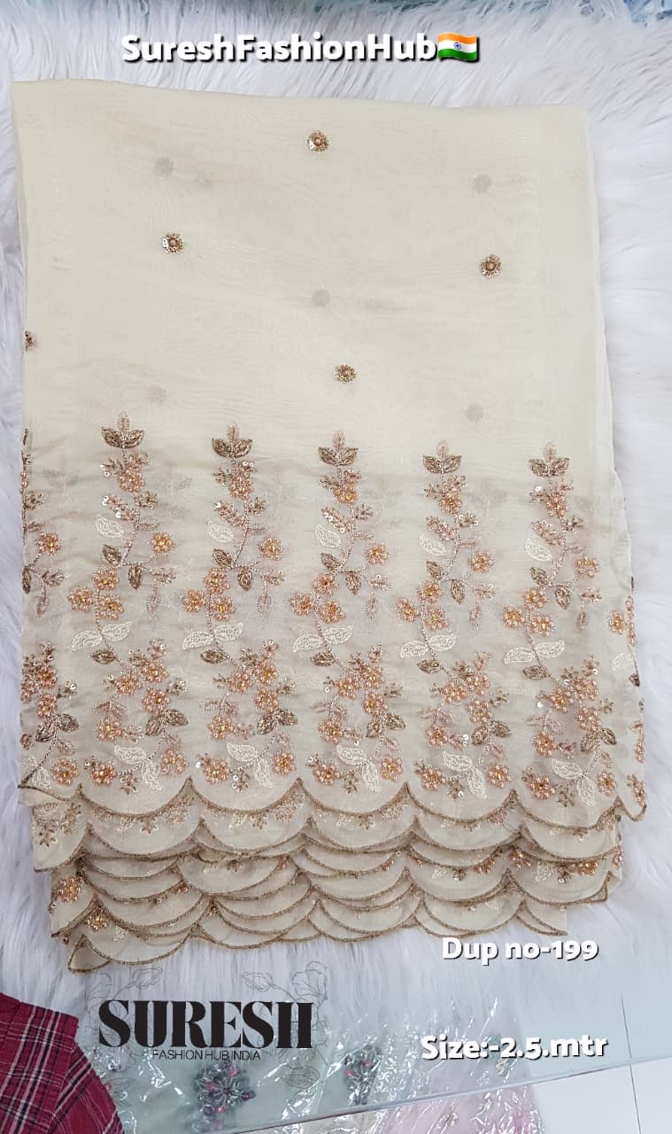 Cream Yellow Antique Zari Floral Organza Dupatta-199