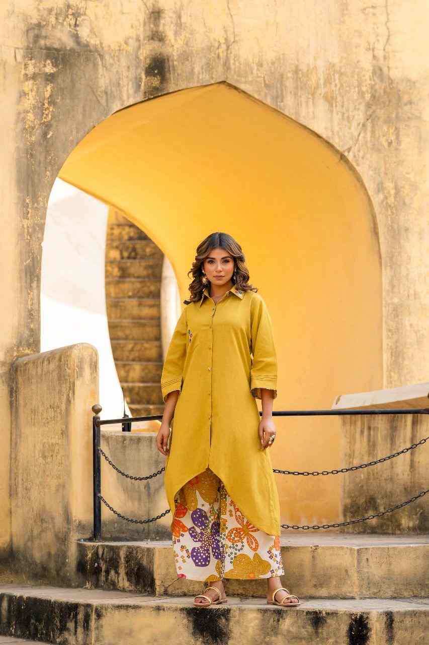 Yellow Embroidered Cord Set With High & Low Pattern Top