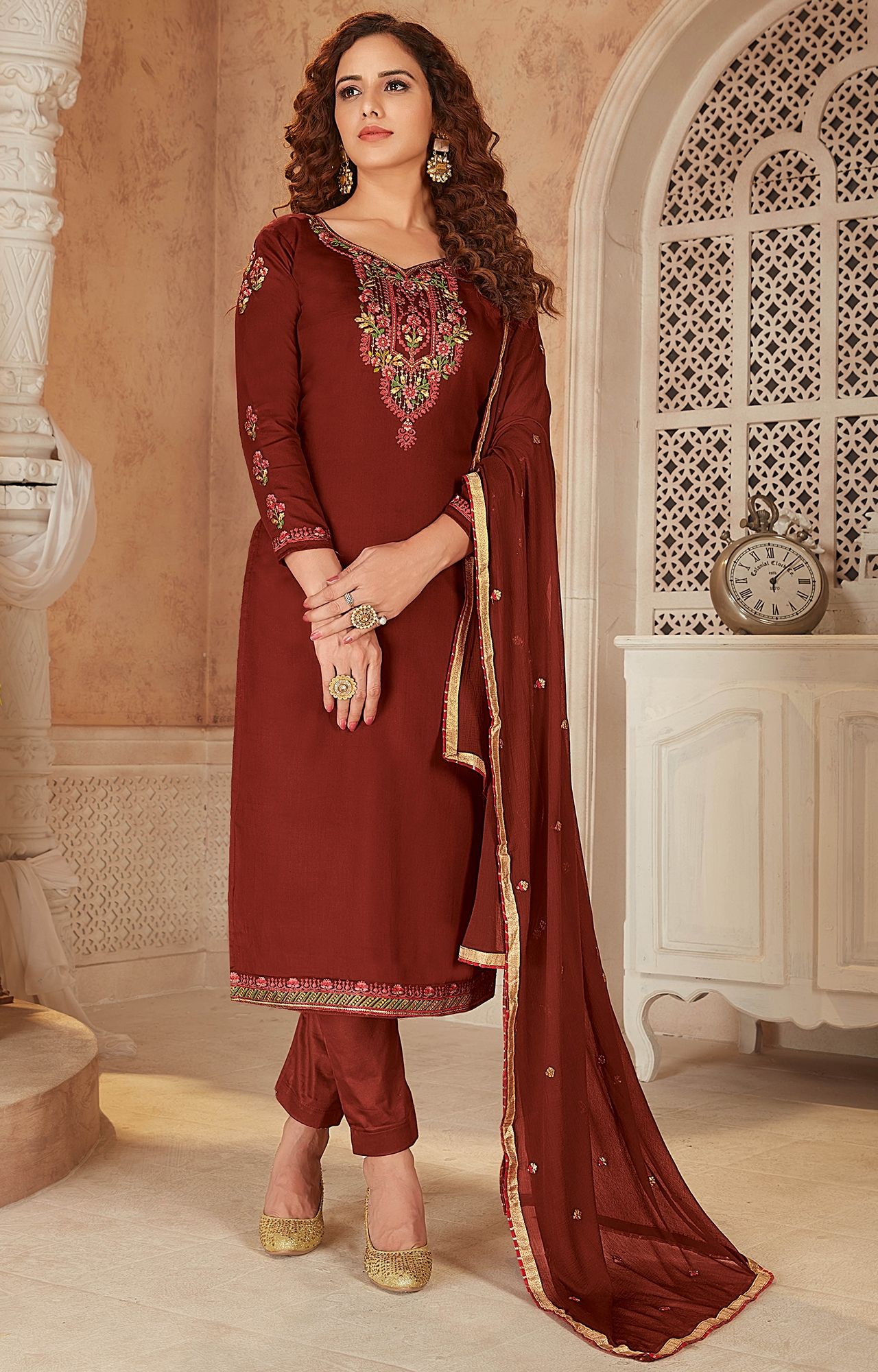 Brown Color Cotton Embroidered Unstitched Dress Material-FL_PANKHUDI1067_DM