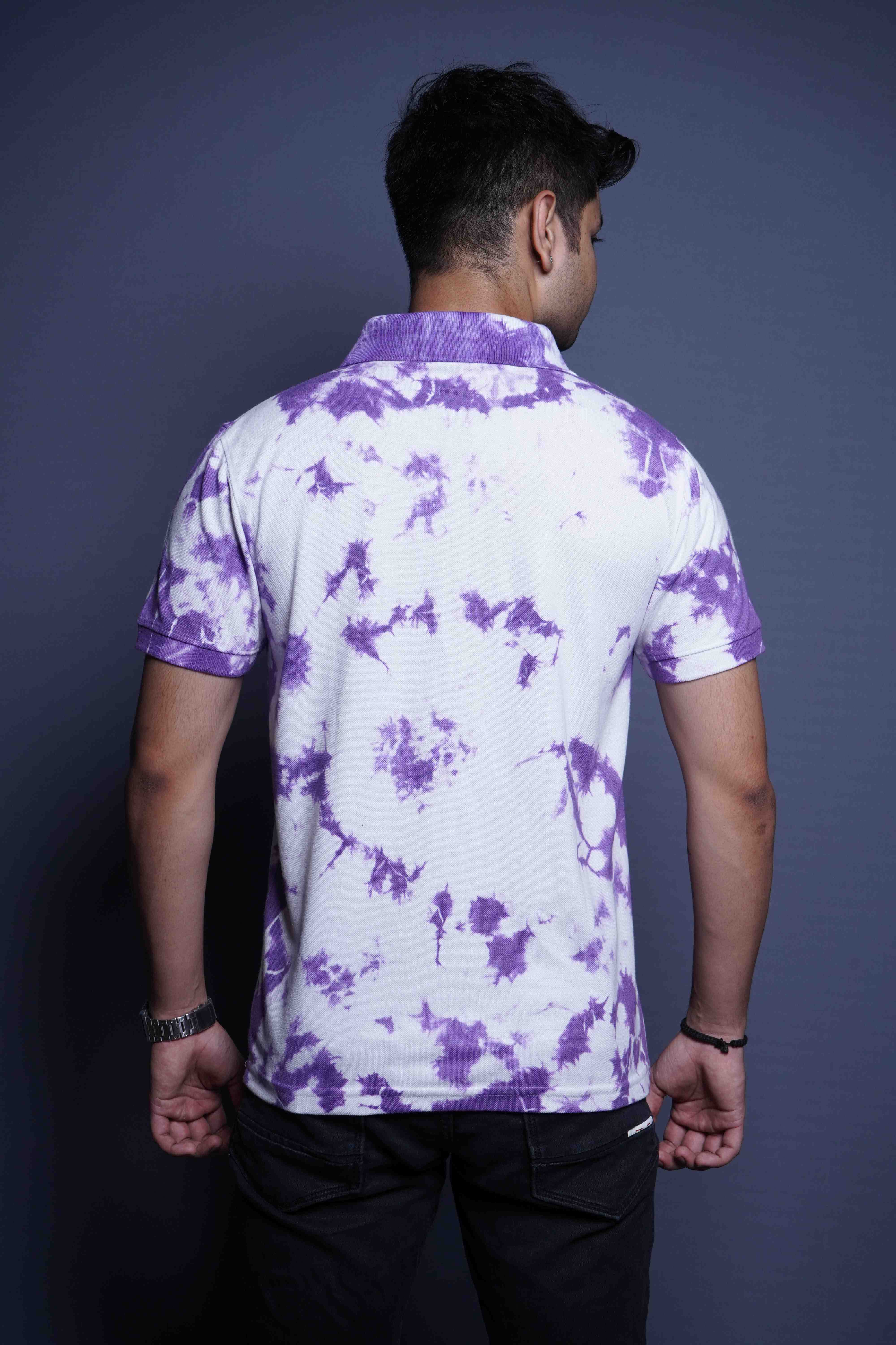 Only White Contrast Light White and Purple Polo Neck Cotton T-Shirt