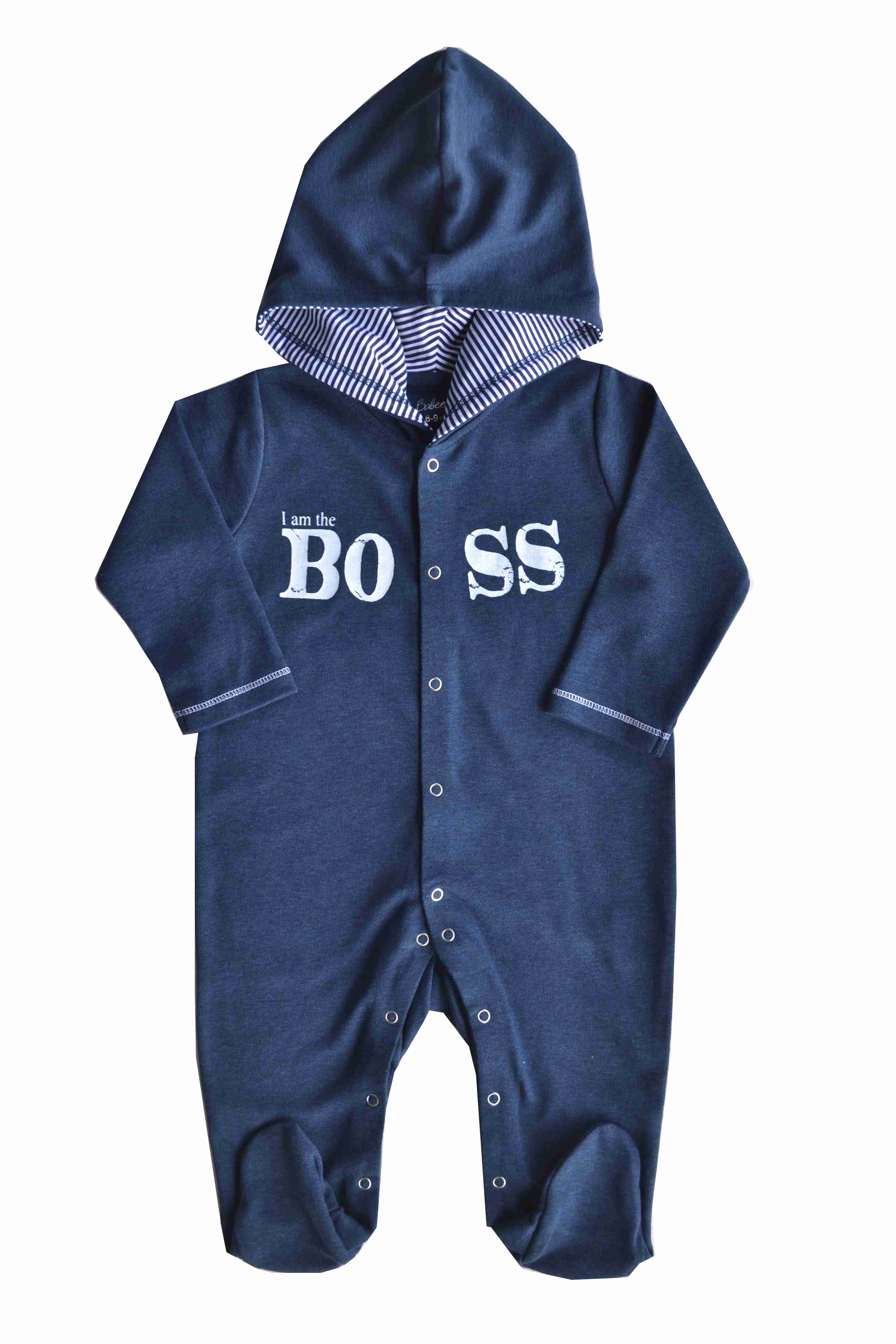 Boss Printed Navy Hoody Sleeper /Full Romper with Feet (100% Cotton Interlock)