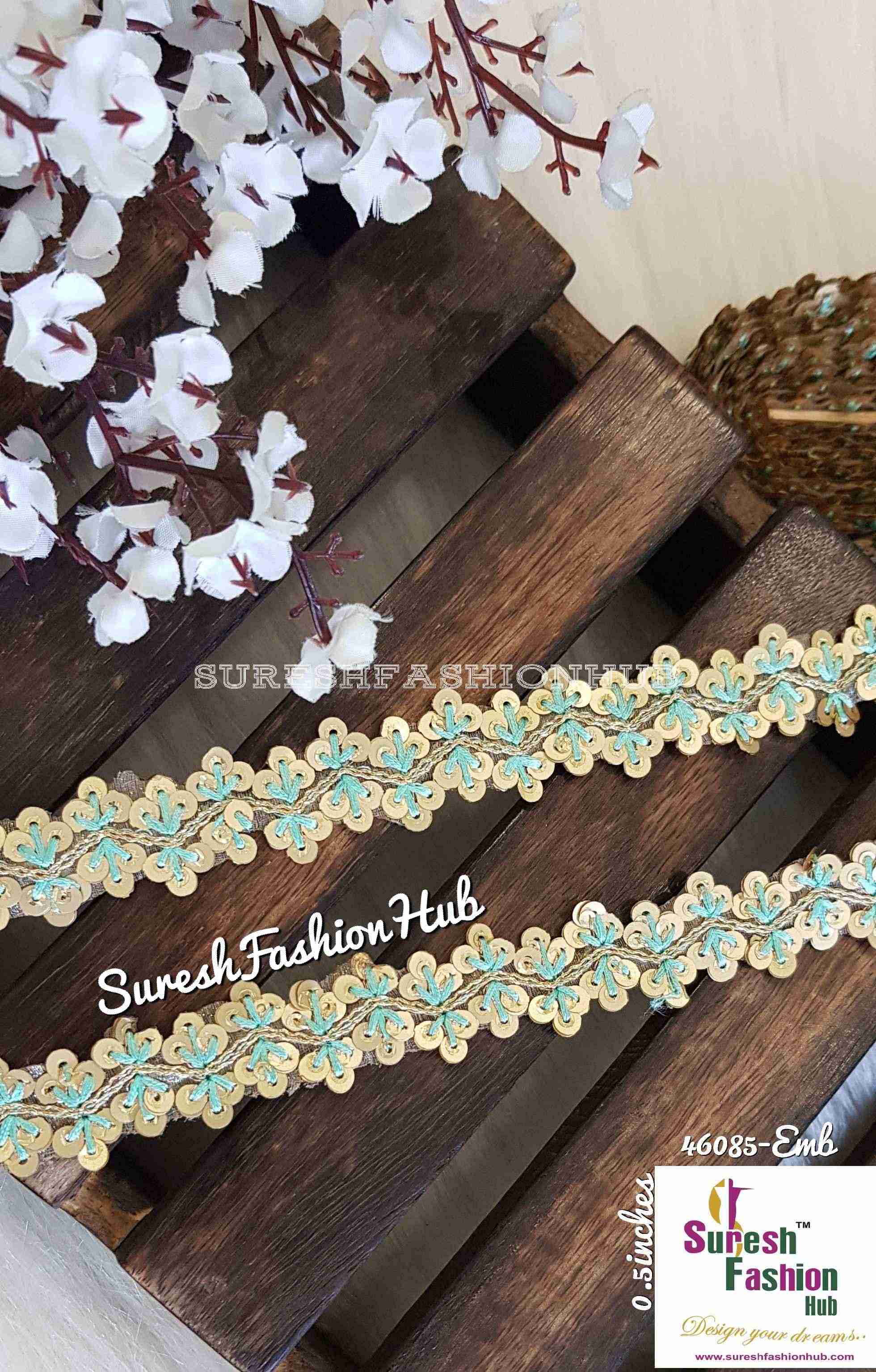 Sequence Pastel Blue  Thread Embroidered Leaves Designer Trim