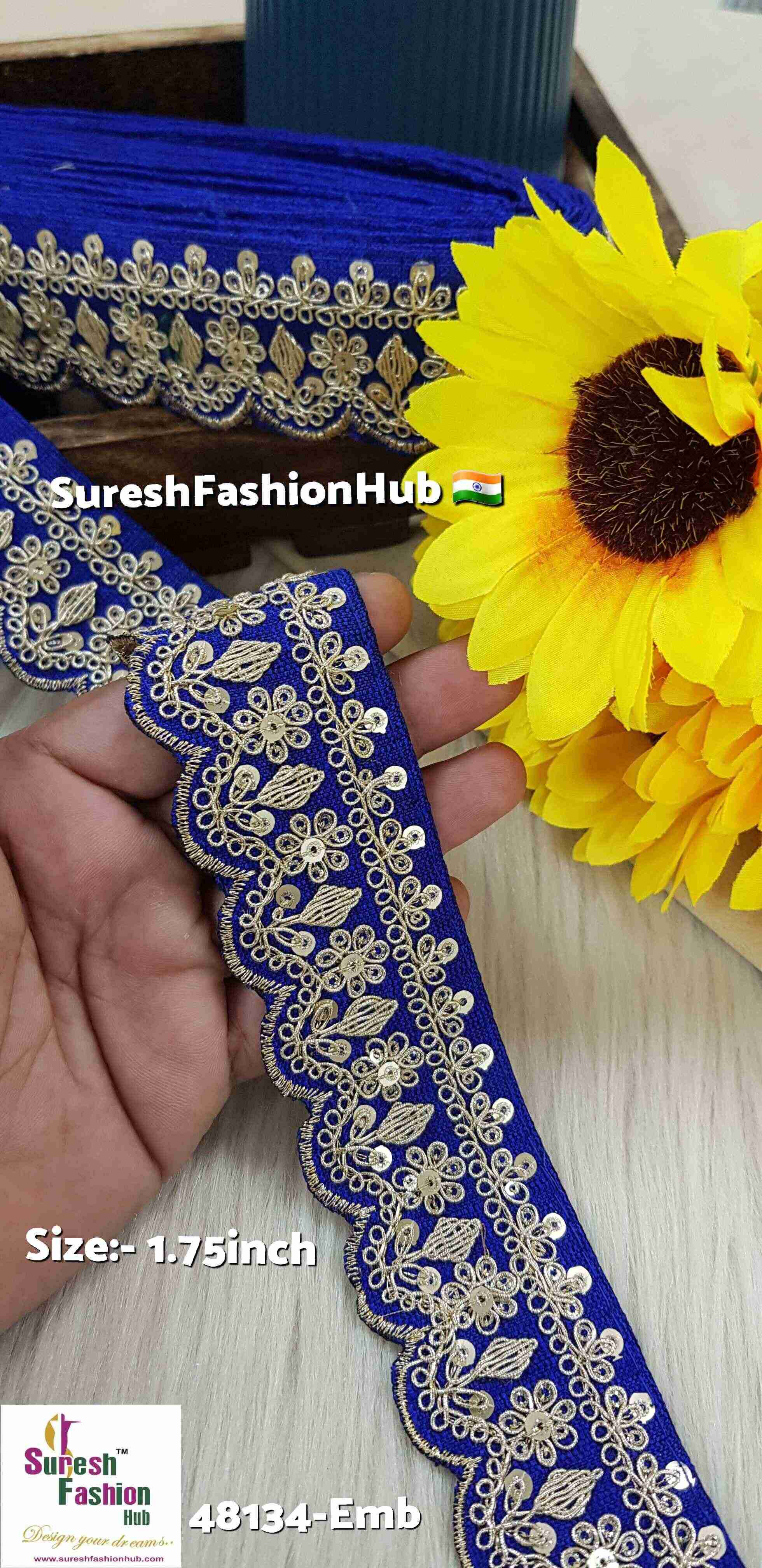 Royal Blue Scalloped Pearl Dori Embroidery Lace on Beige Net