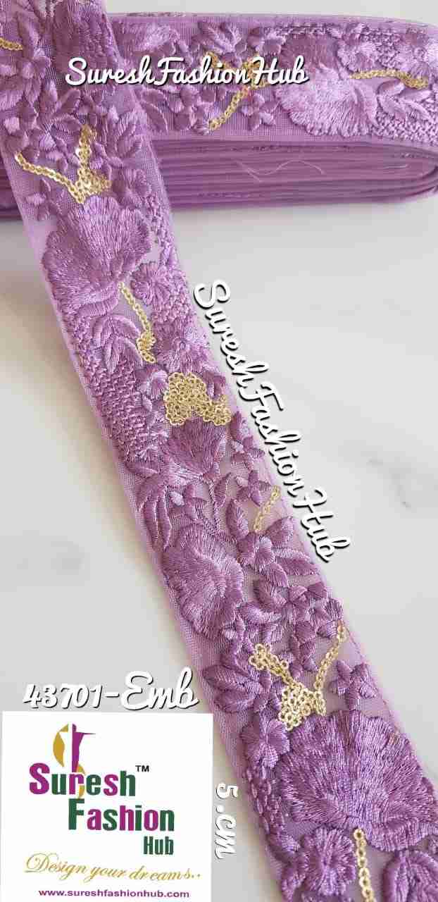 Golden Zari Threaded Petals On  Purple Net Embroidery Trim